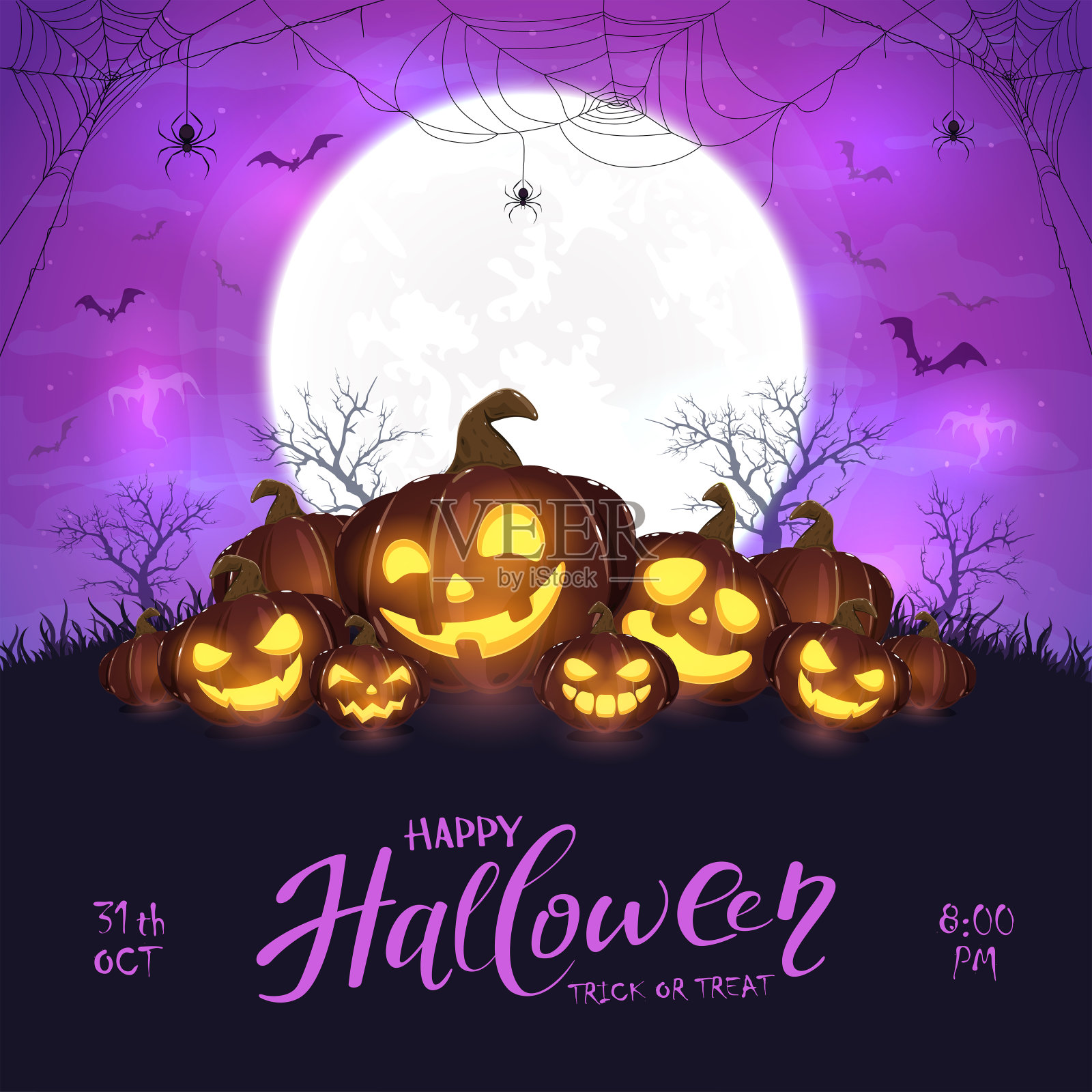 万圣节南瓜和蜘蛛在紫色的背景设计模板素材