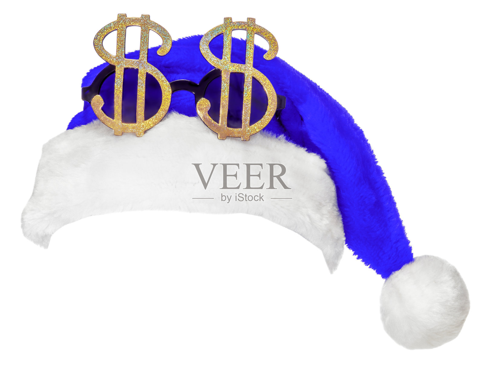 蓝色的圣诞老人帽和美元标志眼镜孤立在白色照片摄影图片