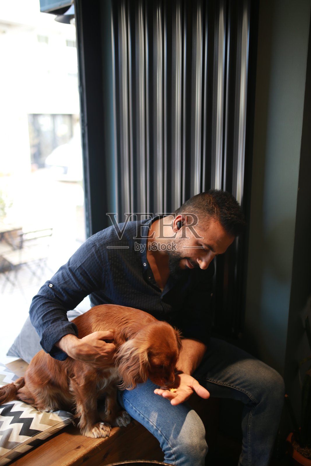 大胡子男人在室内喂他的狗粮，人和动物的概念。照片摄影图片