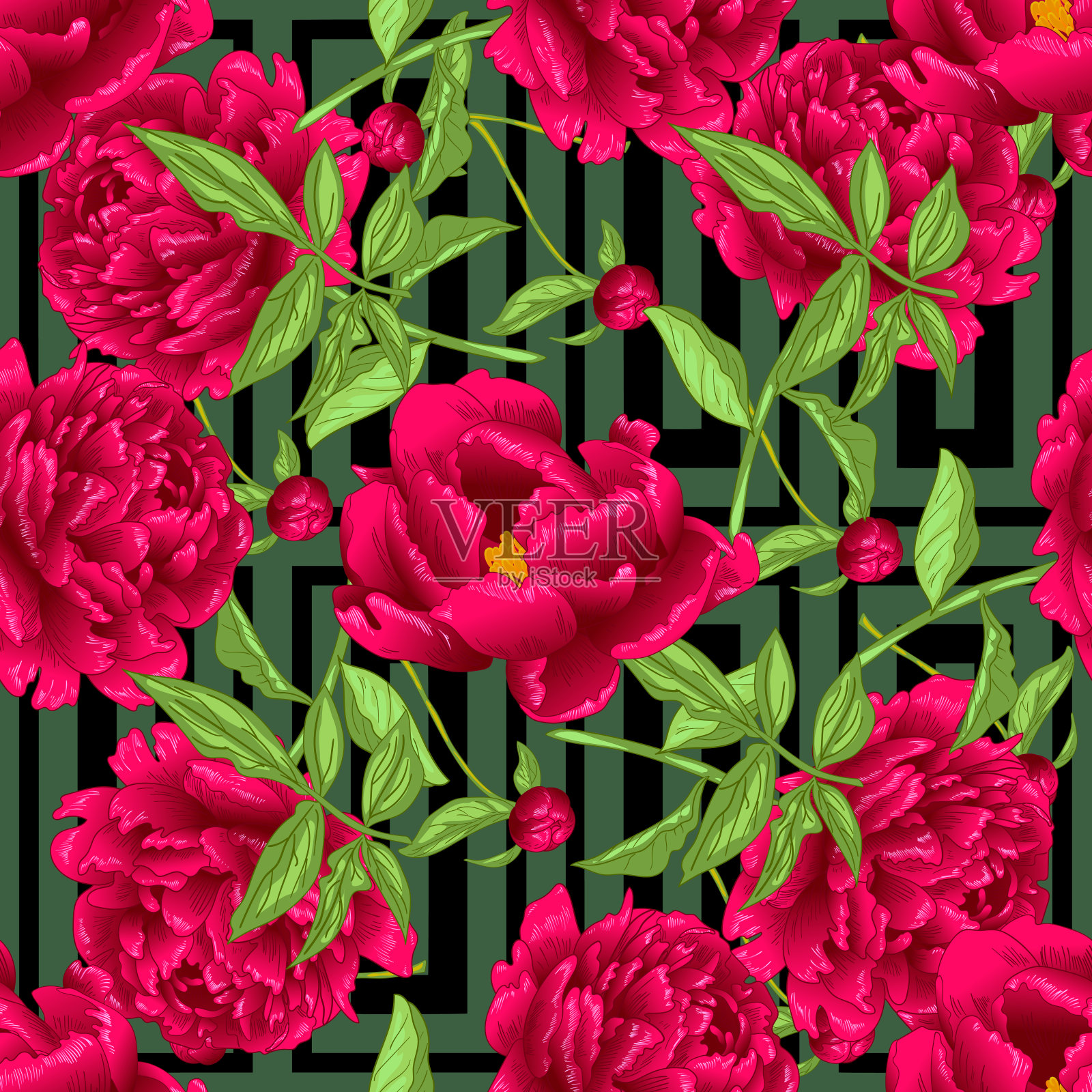 Vector植物红牡丹。艺术雕刻墨水。无缝的背景图案。织物墙纸印花纹理。插画图片素材