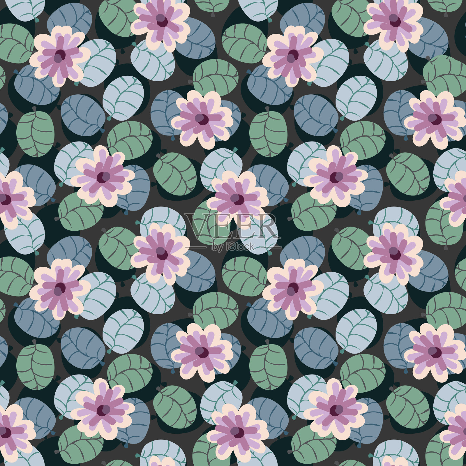 无缝矢量模式与粉红色的花和柔和的绿色叶子在一个黑暗的背景插画图片素材