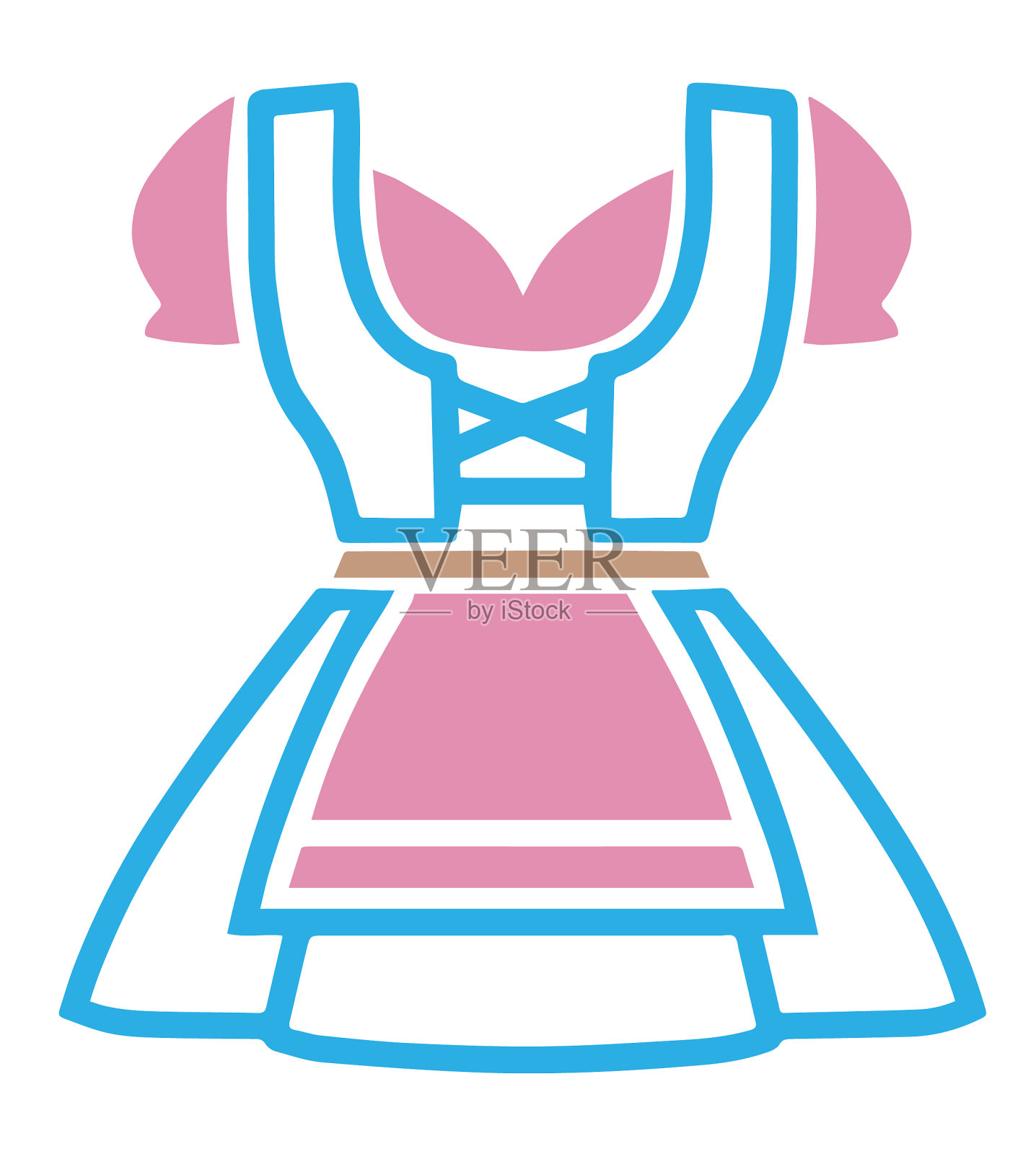 简单的平面矢量网络图标的传统德国粉红色和蓝色的镶边连衣裙与蓬松的袖子和围裙插画图片素材