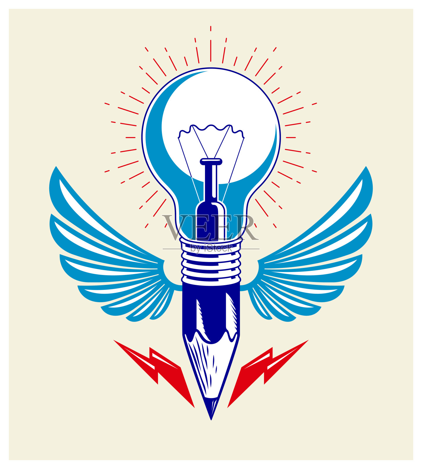 铅笔与创意灯泡结合成符号与翅膀，创造性能源设计艺术或科学发明或研究矢量图标。插画图片素材