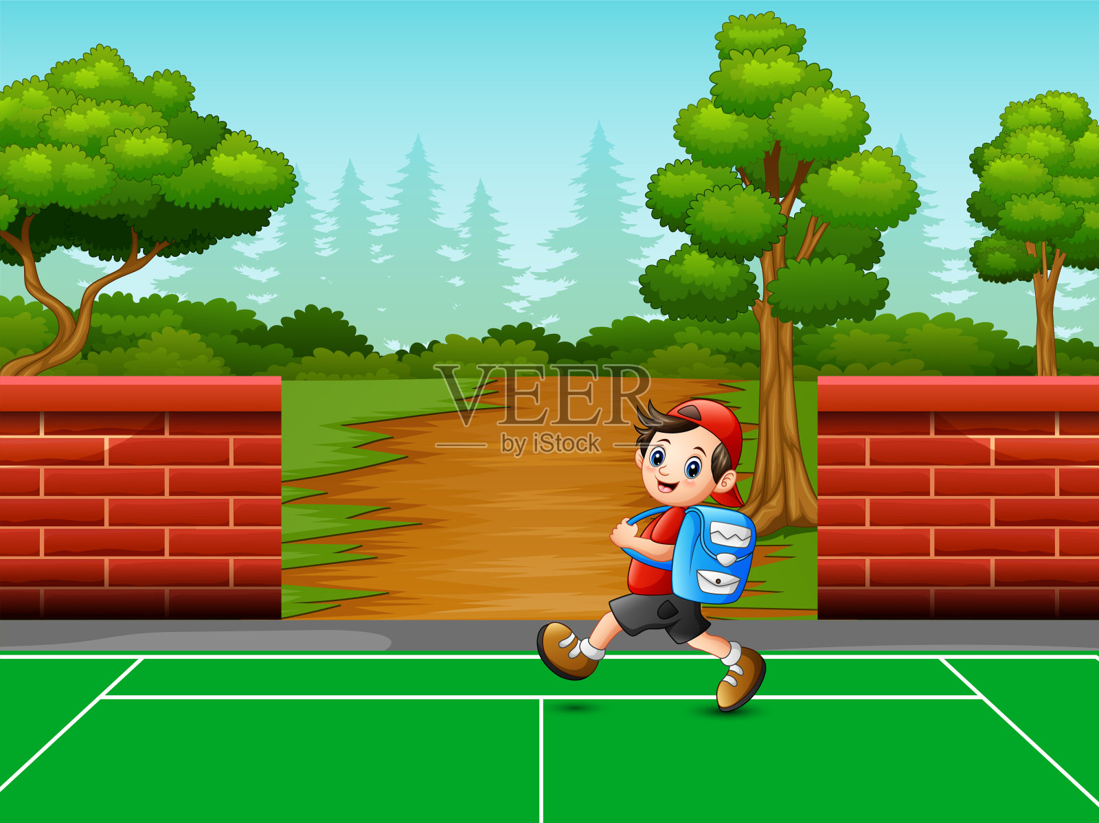 快乐的男孩放学后回家插画图片素材