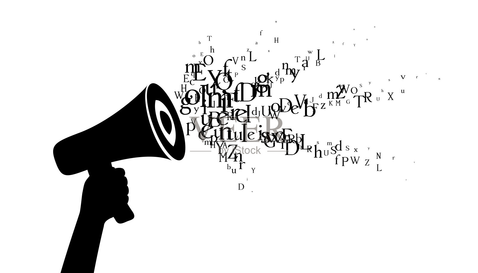 用字母发出的声波呐喊。矢量装饰从分散的元素。单色孤立的剪影。概念说明。插画图片素材