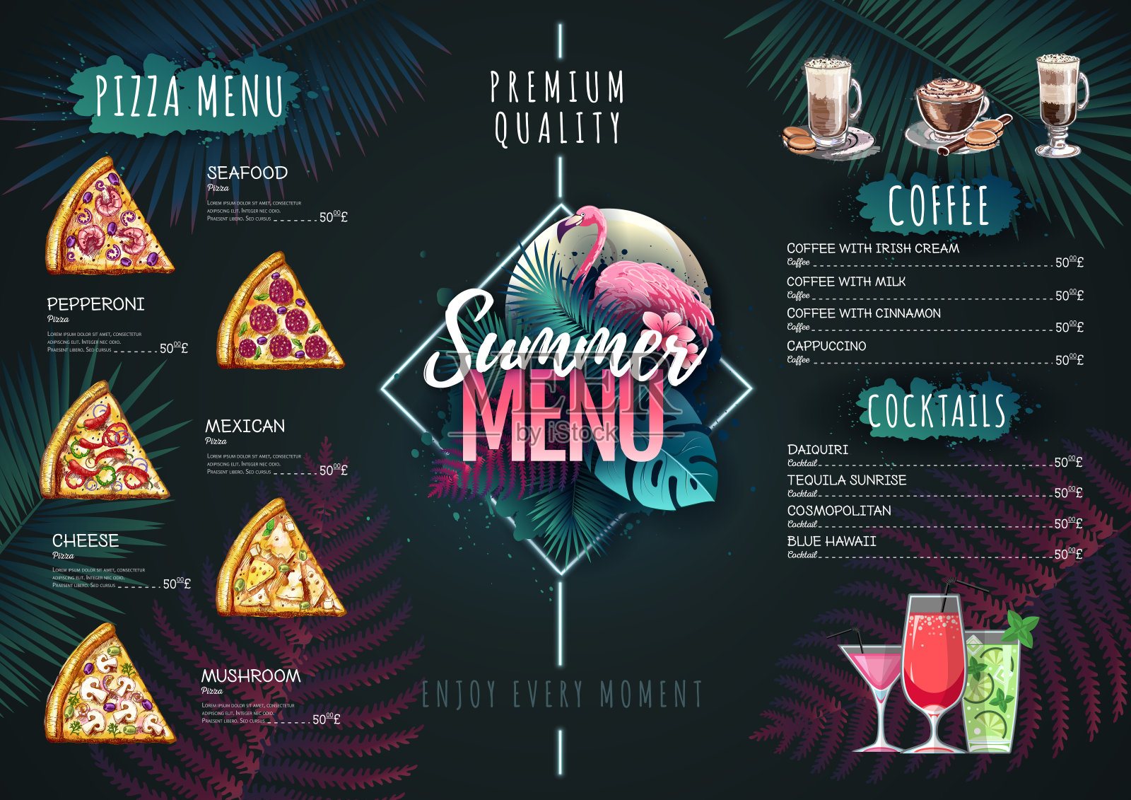 夏季菜单设计与火烈鸟和热带树叶。餐厅的菜单设计模板素材