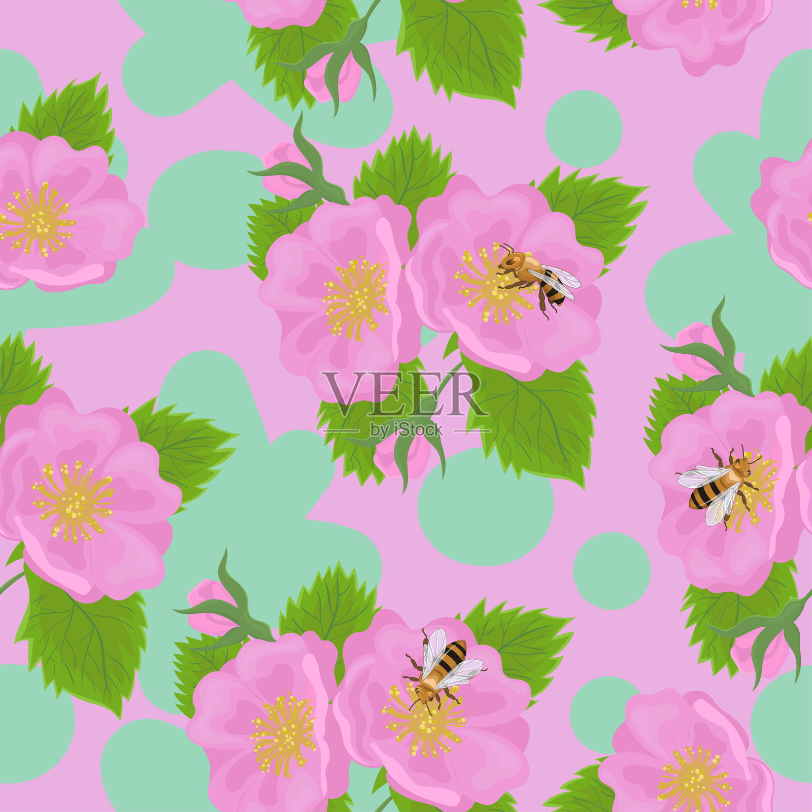 无缝模式与野玫瑰花和蜜蜂。矢量图形。插画图片素材
