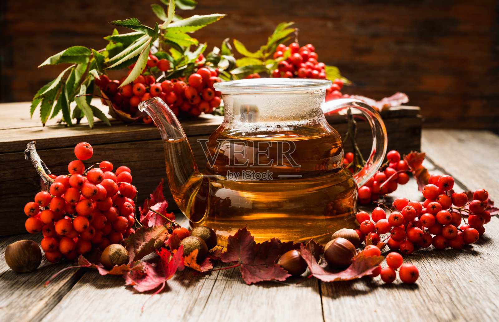 热茶玻璃茶壶，大气的秋季装饰照片摄影图片