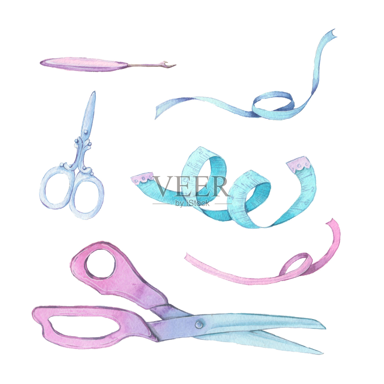 一套针床缝纫配件。手绘插画图片素材