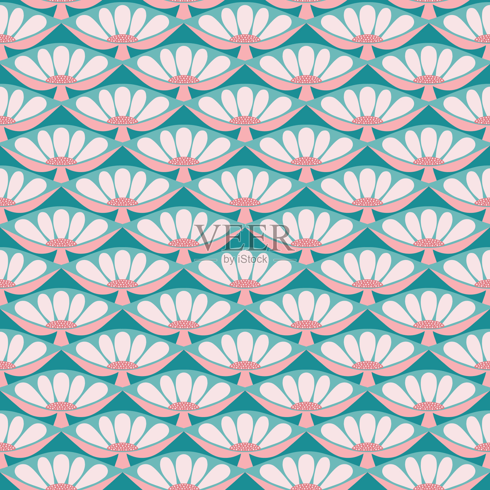 花朵无缝重复图案在粉红色，红色和绿色一个漂亮的向量自然背景花和叶在一个几何设计。插画图片素材