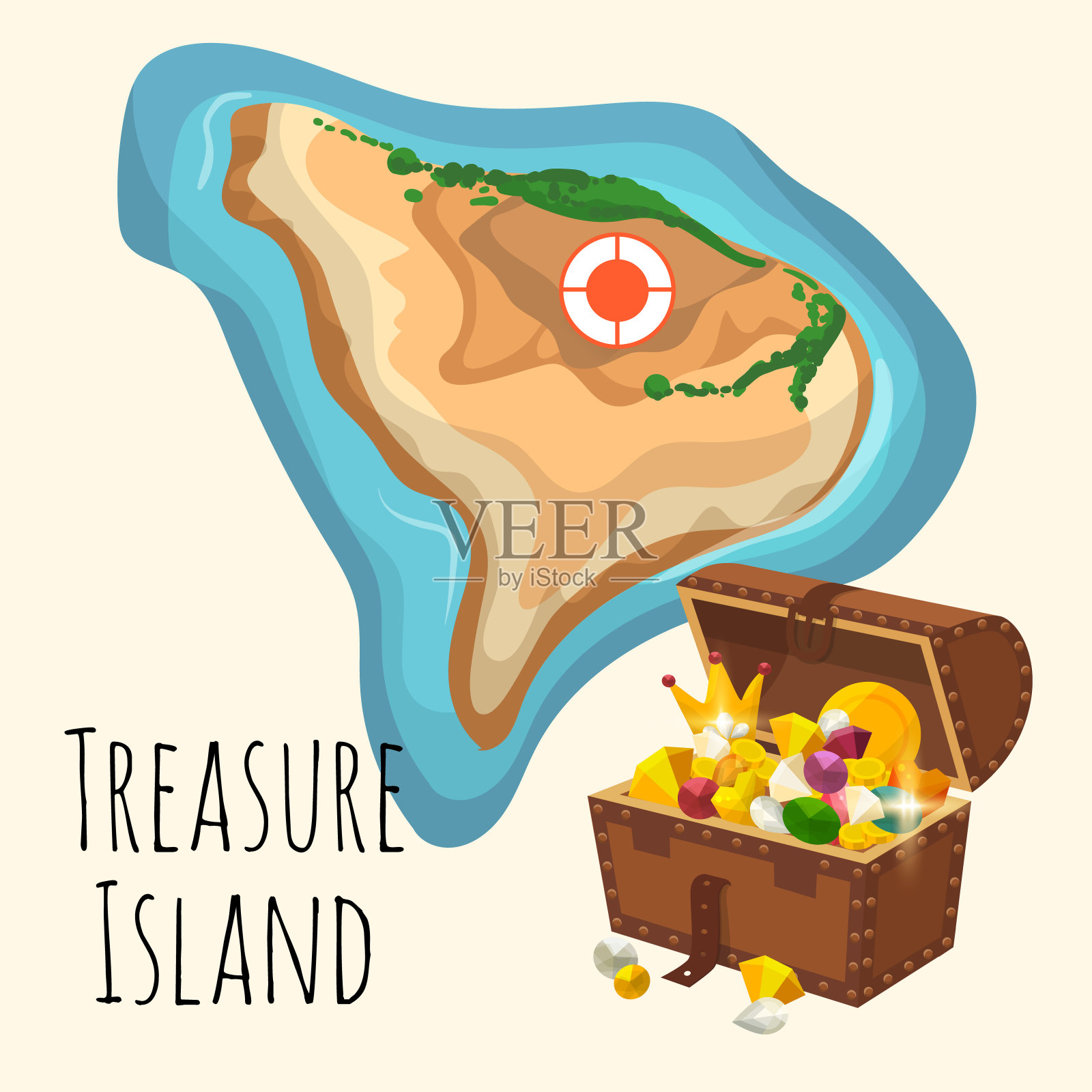 金冠宝箱，宝石和黄金。网页或儿童海盗游戏矢量插图。插画图片素材