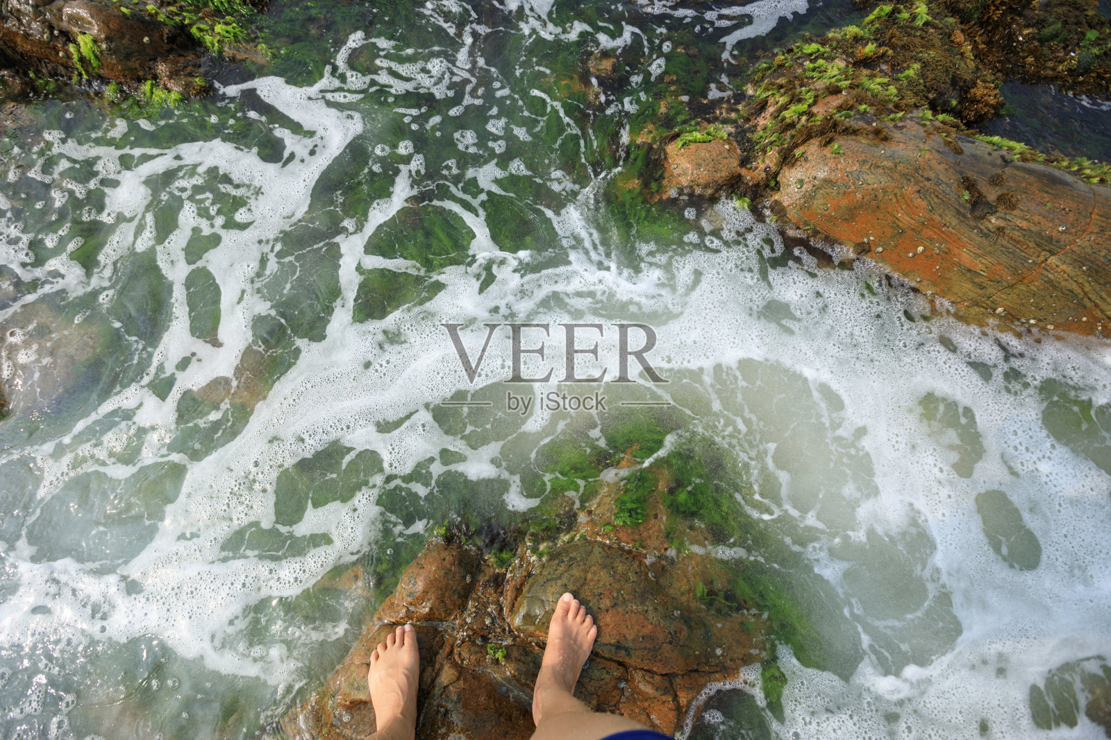 腿站在长满海草和海浪的岩石上照片摄影图片