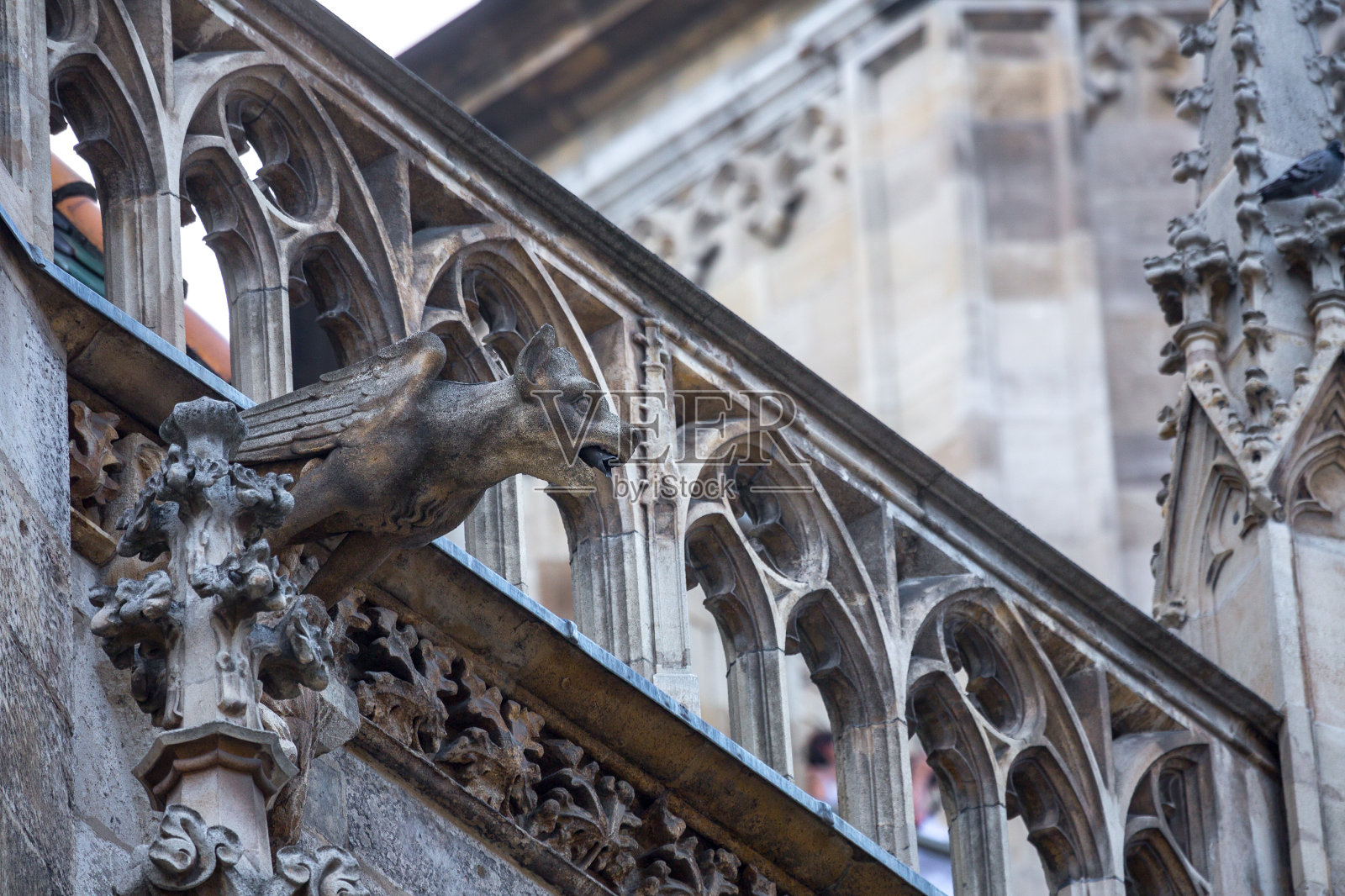 哥特式建筑的元素。这是一座中世纪的教堂，外观上有怪诞、幻想和滴水嘴的雕塑。圣斯蒂芬大教堂。维也纳。奥地利照片摄影图片