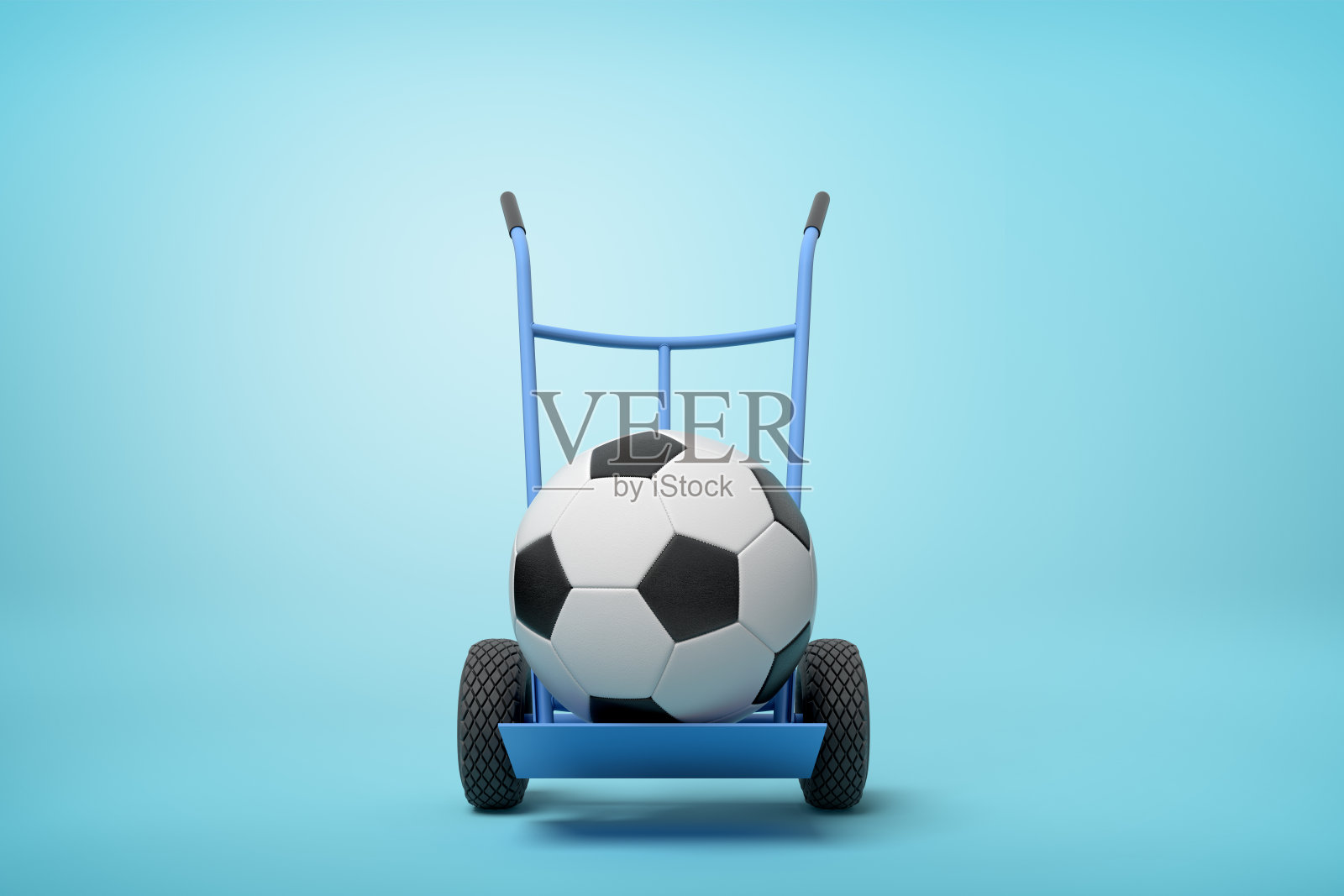 海军蓝手卡车直立与足球在浅蓝色背景的3d渲染。照片摄影图片