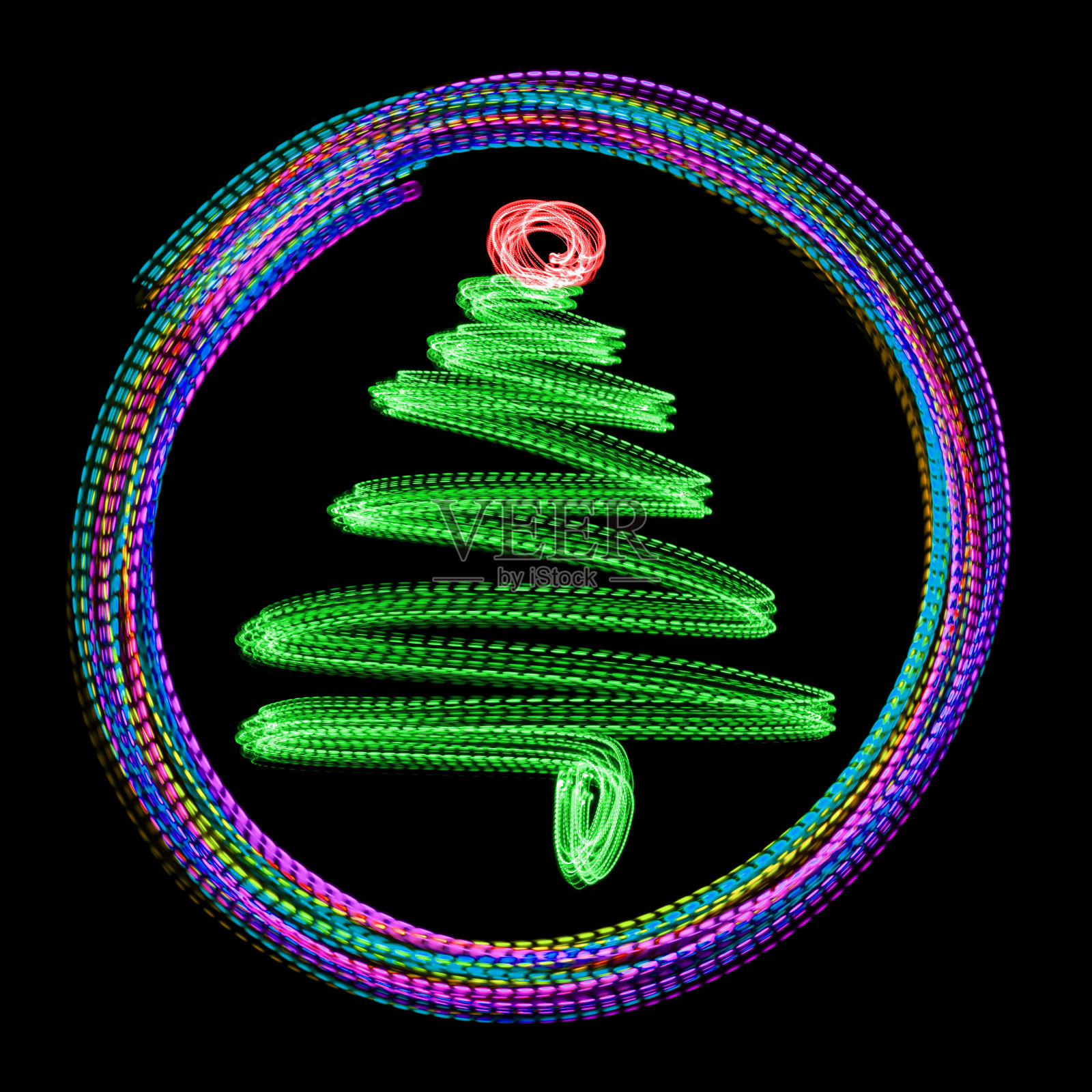 圆圈中的圣诞树- LED光画(多色)照片摄影图片