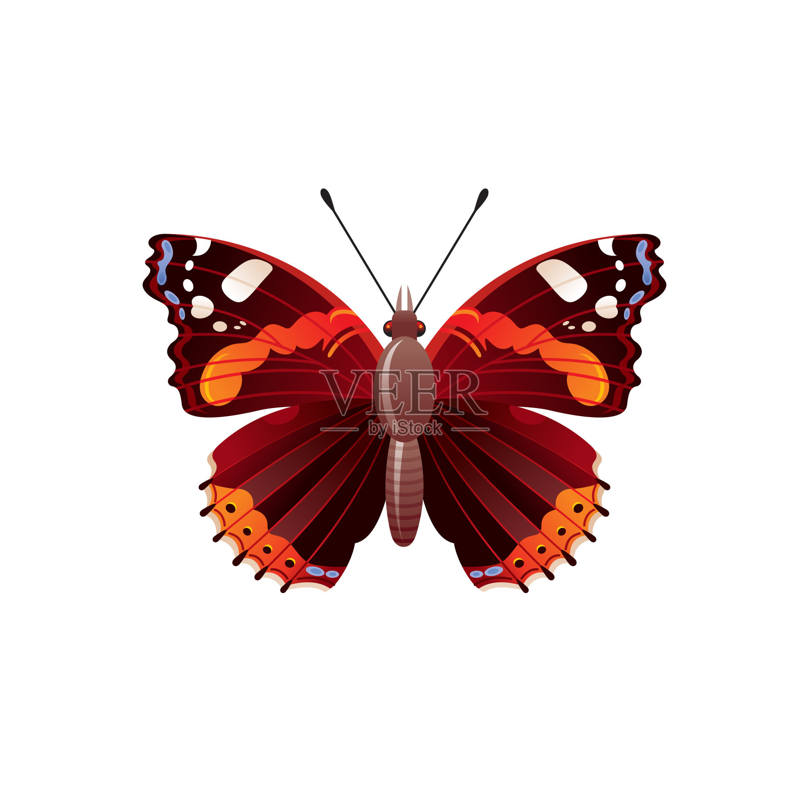 蝴蝶图标。3d现实上将蝴蝶昆虫与美丽的红色翅膀。动物标志设计，海报，t恤印花，横幅。矢量插图孤立在白色背景插画图片素材