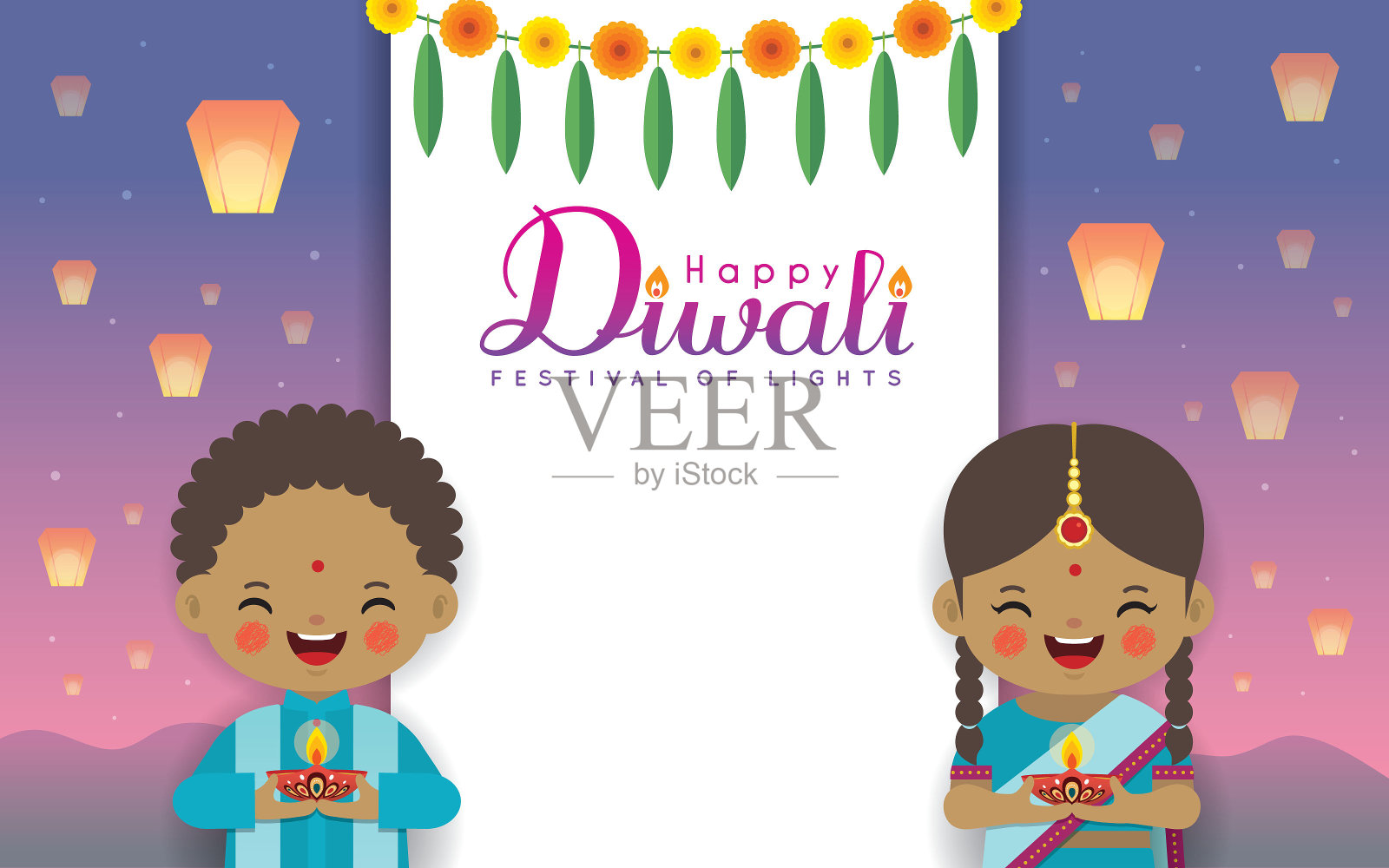 排灯节或Deepavali——印度孩子庆祝灯节设计模板素材