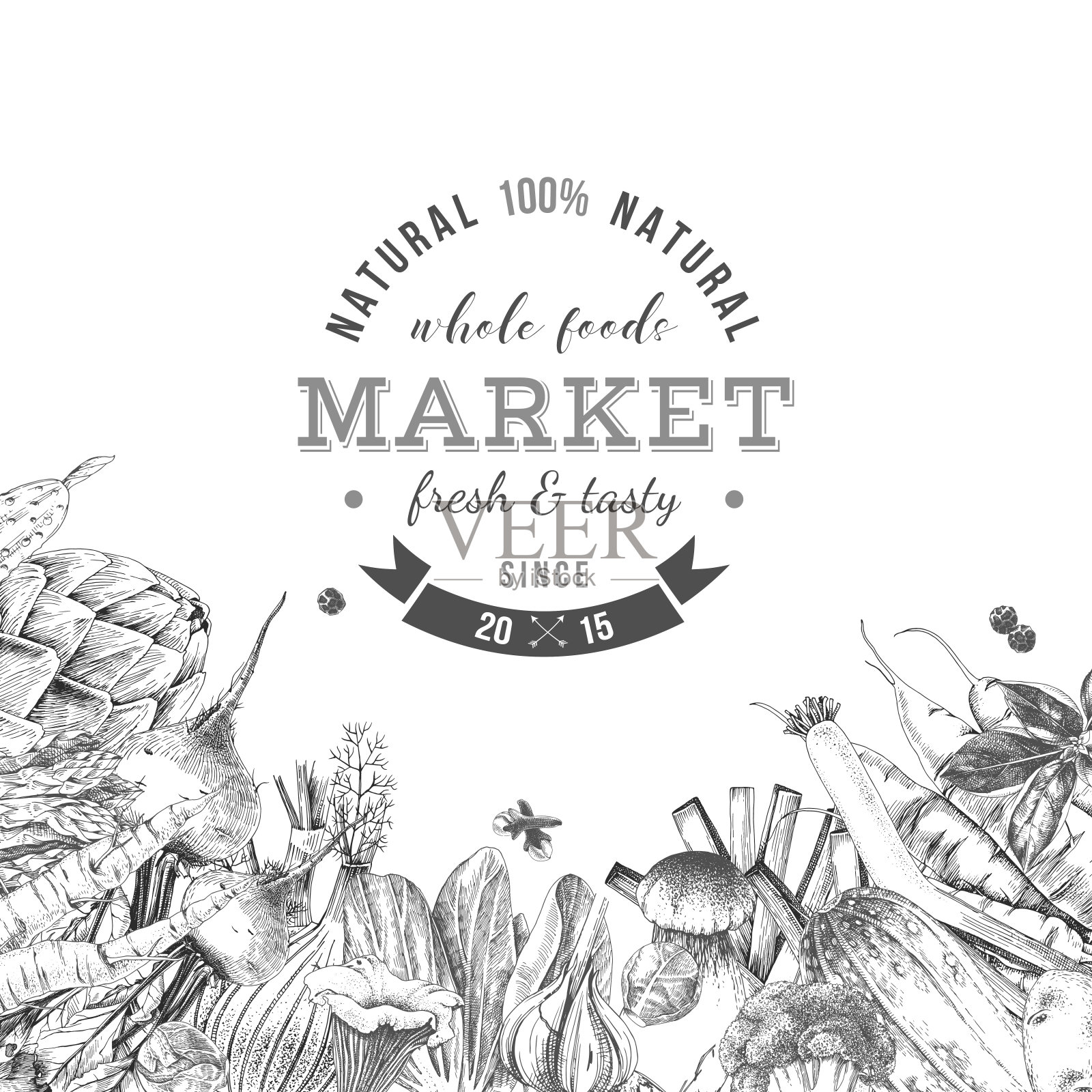 带有手绘蔬菜的全食超市标志插画图片素材