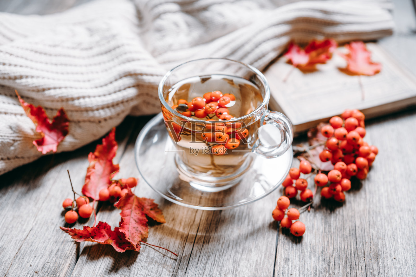 玻璃杯热茶，花梨花和大气的秋季装饰照片摄影图片