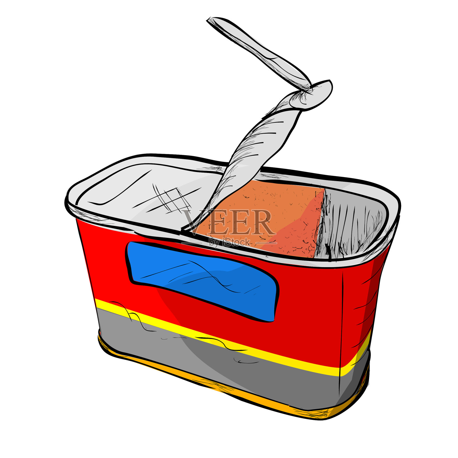 简单矢量红、黄、灰手绘俯视图打开的腌牛肉罐头，孤立在白色设计元素图片