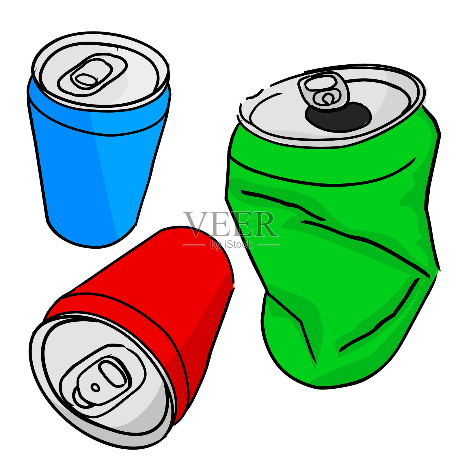 简单矢量，手绘草图三视角的空白空白红绿蓝软饮罐，在良好和破碎的条件下，孤立在白色设计元素图片