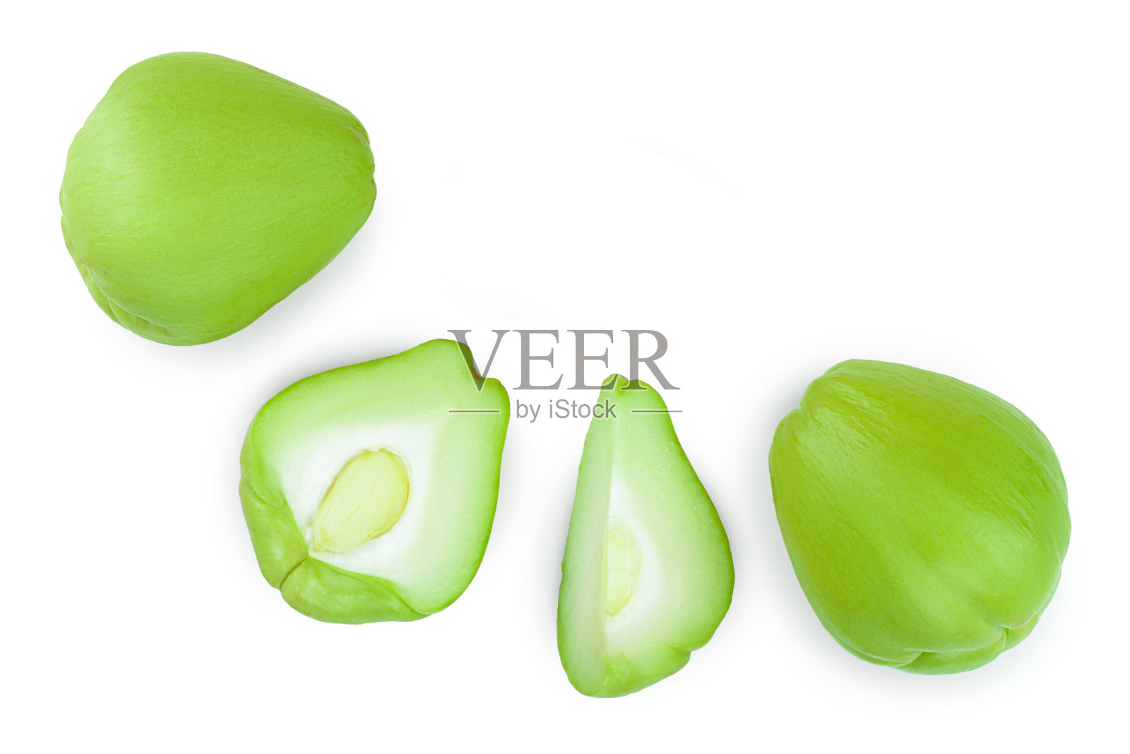 鲜恰约特蔬菜或墨西哥黄瓜分离在白色背景。前视图。平躺照片摄影图片