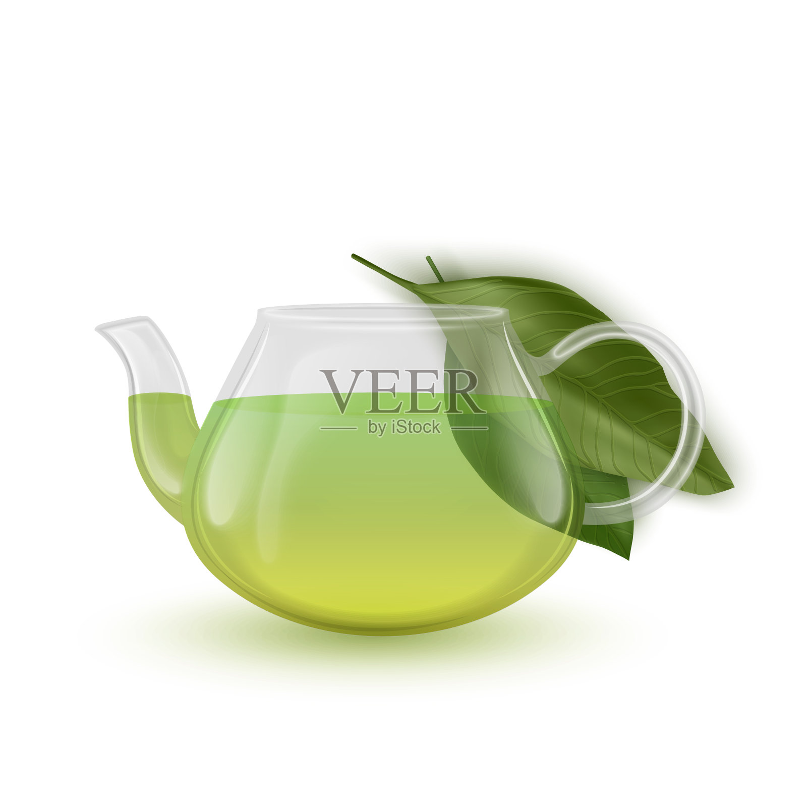带有绿茶和叶子的玻璃茶壶，白色背景上的真实矢量EPS 10插图设计元素图片