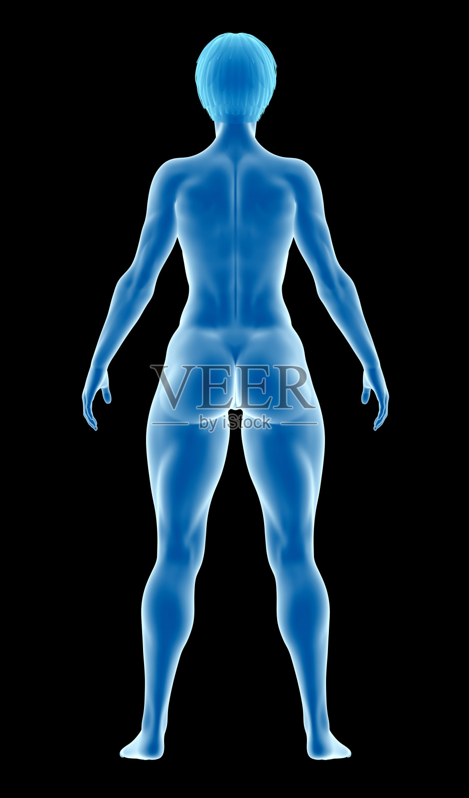 一个健康女性的身体，站着，展示一个健壮的身体，突出你的肌肉，在黑色的背景照片摄影图片