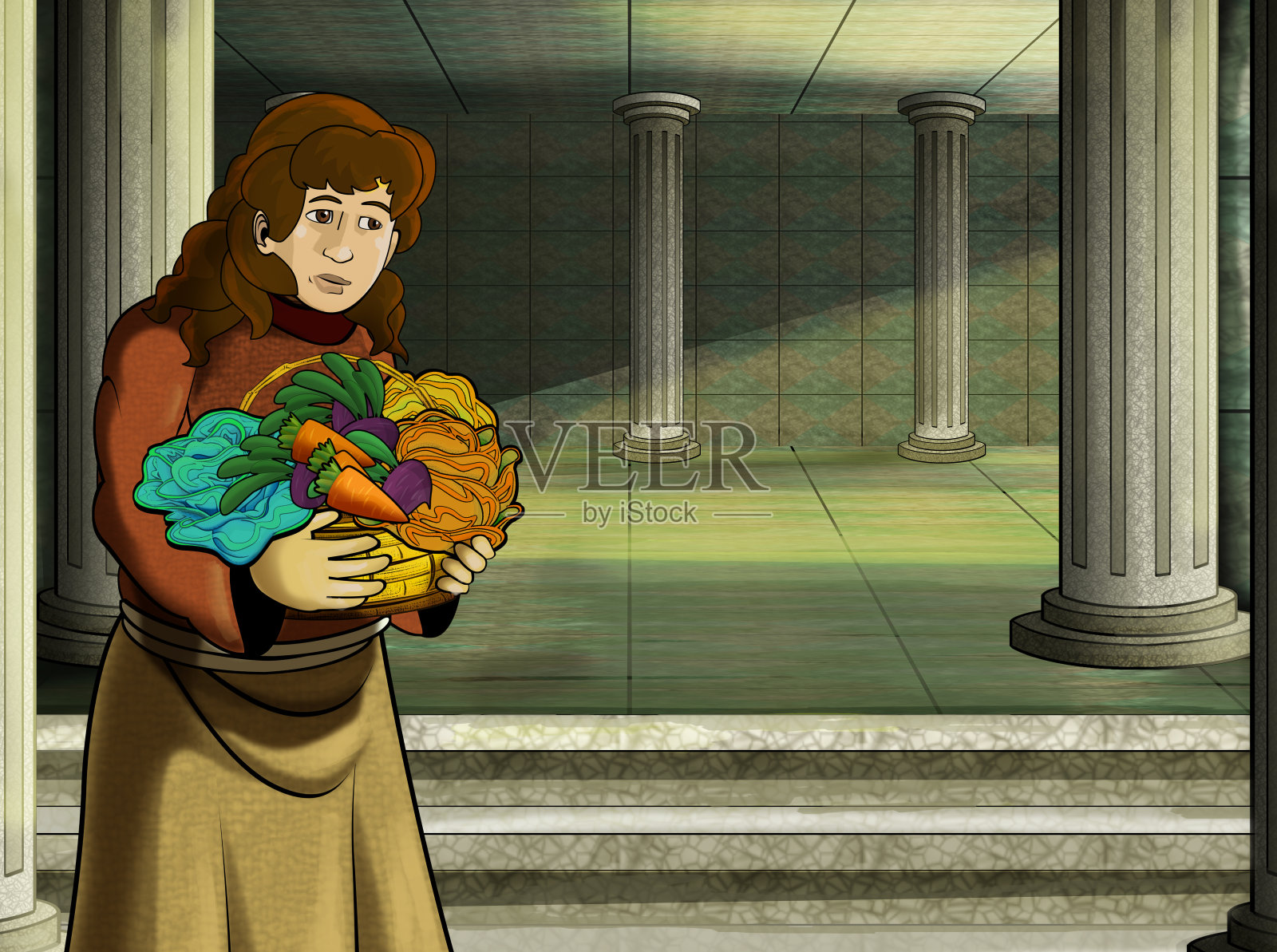 卡通场景中有罗马或希腊商人、女商人等古代人物，附近有一些古代建筑，如神庙插画图片素材