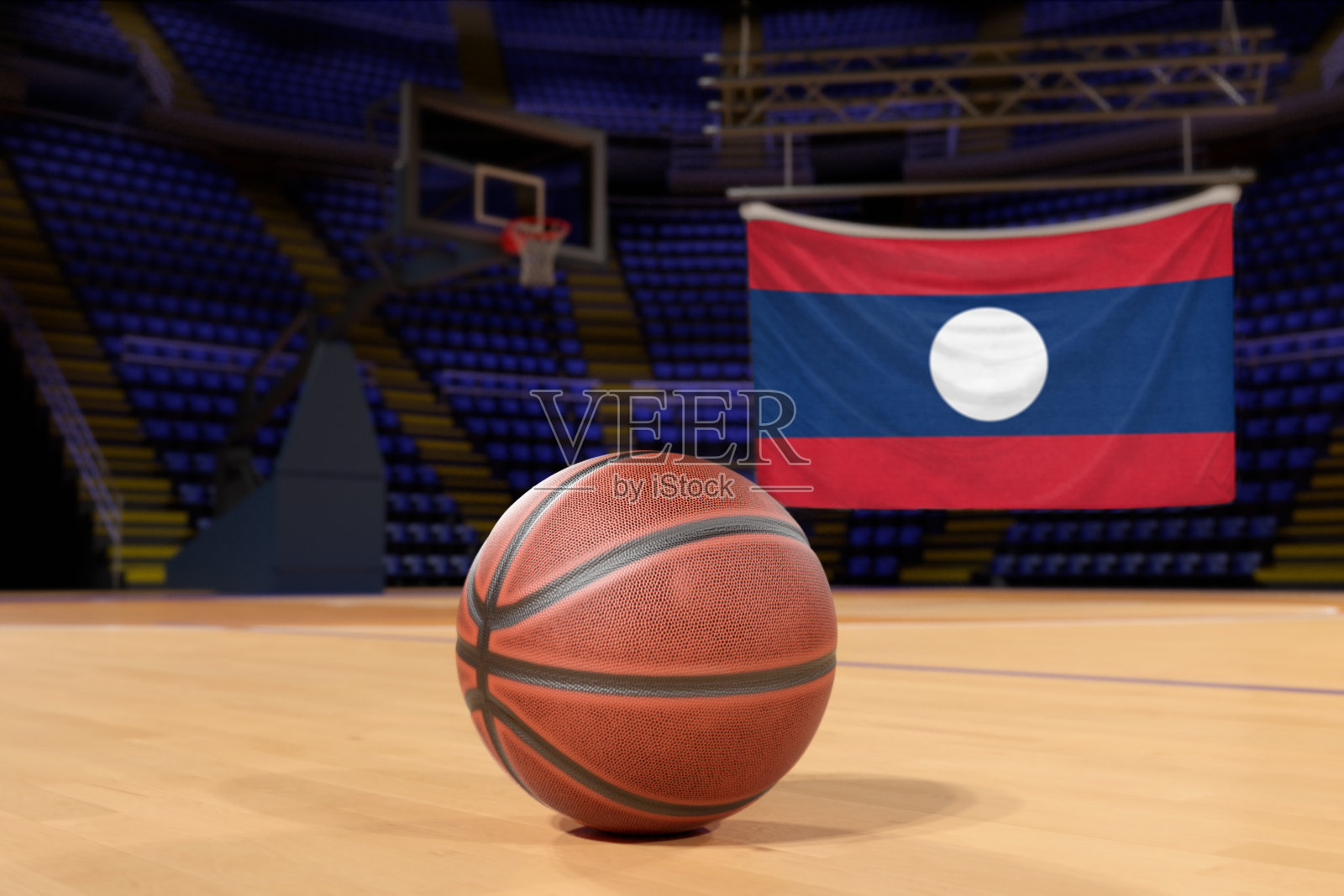 场上有老挝国旗和篮球照片摄影图片