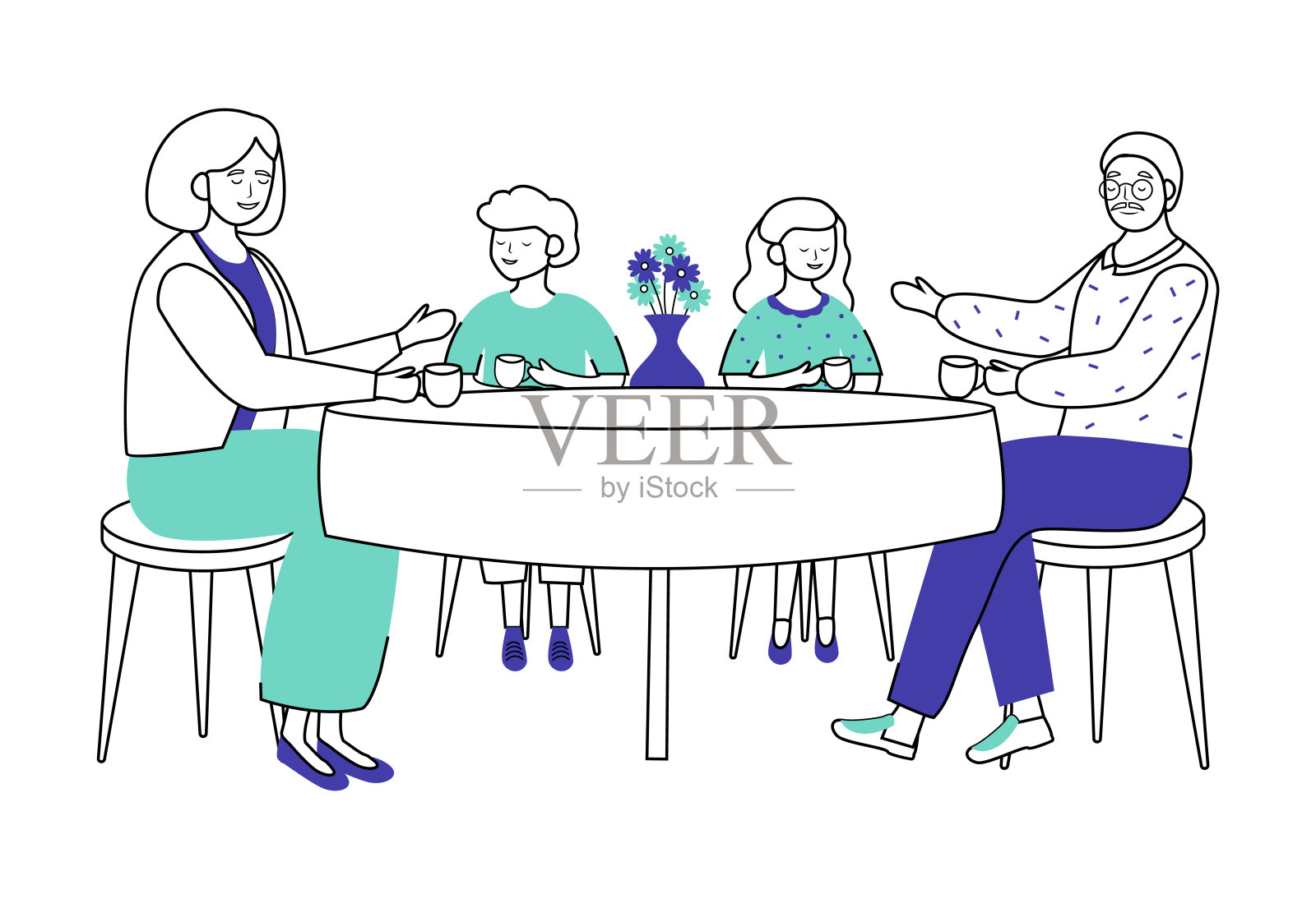 退休人员与来访的子女共享天伦之乐插画图片素材