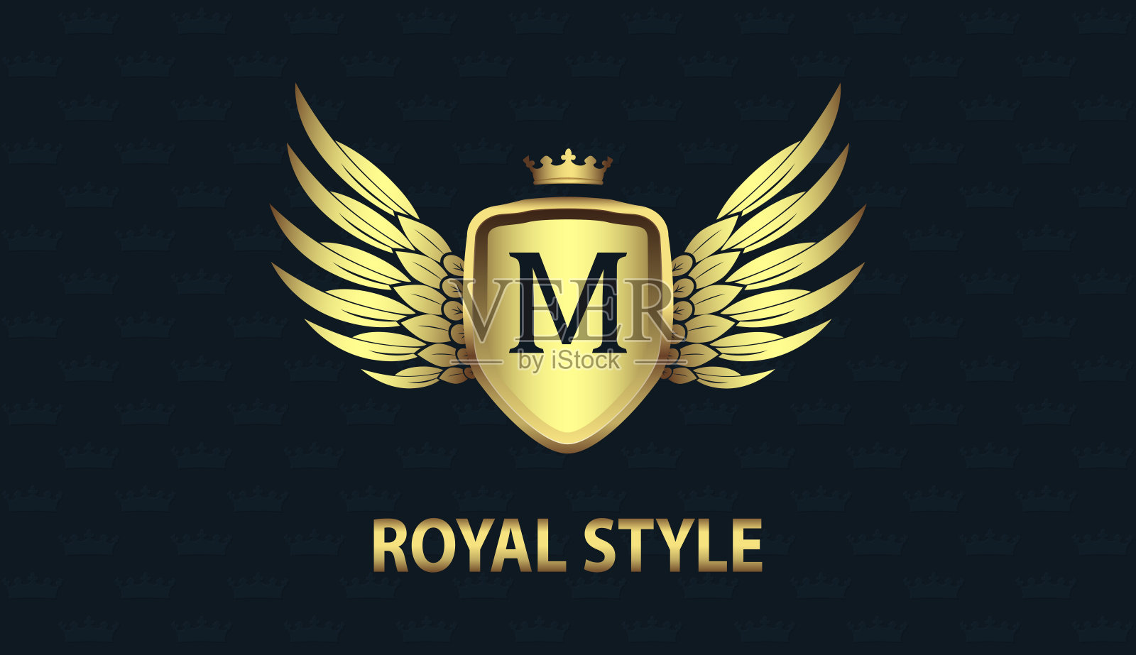 时尚的金色盾牌与翅膀，皇冠和首字母M孤立在彩色的背景。豪华3D标识业务矢量模板。现代设计的公司标志、会徽、字母或符号插画图片素材