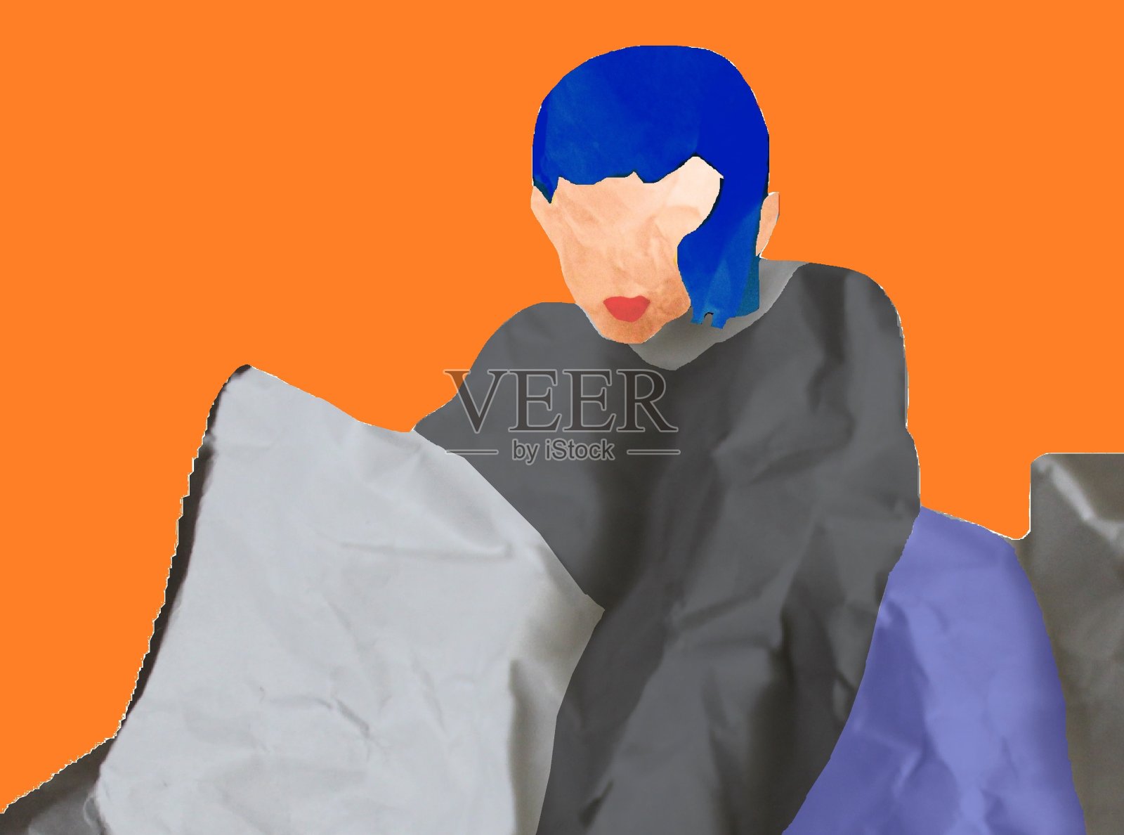 蓝头发的女孩向下看照片摄影图片