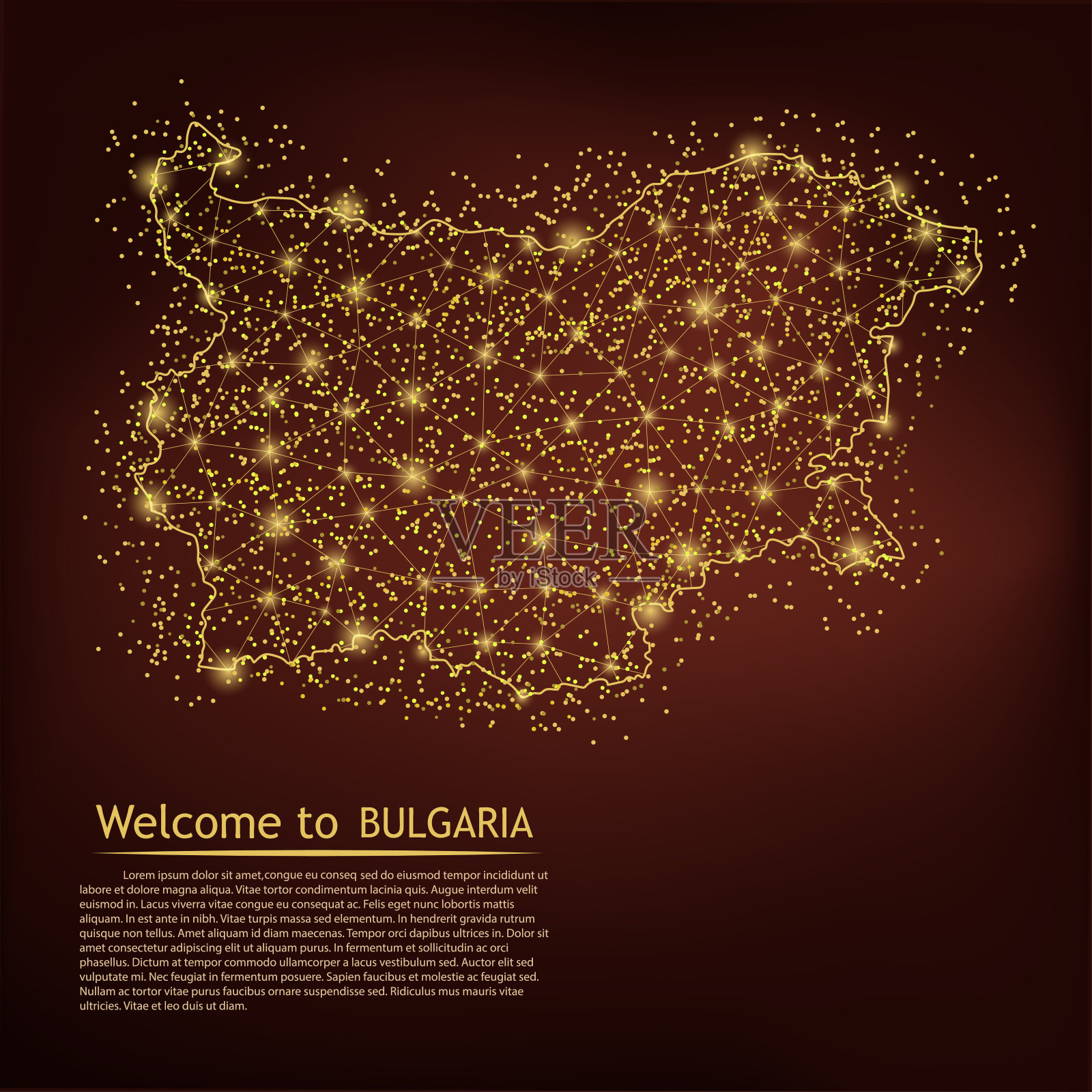 保加利亚的地图。在黑暗的几何背景上抽象的糊状物线和点尺度。线框三维网格多边形网线，设计球面，点和结构。矢量插图eps 10插画图片素材