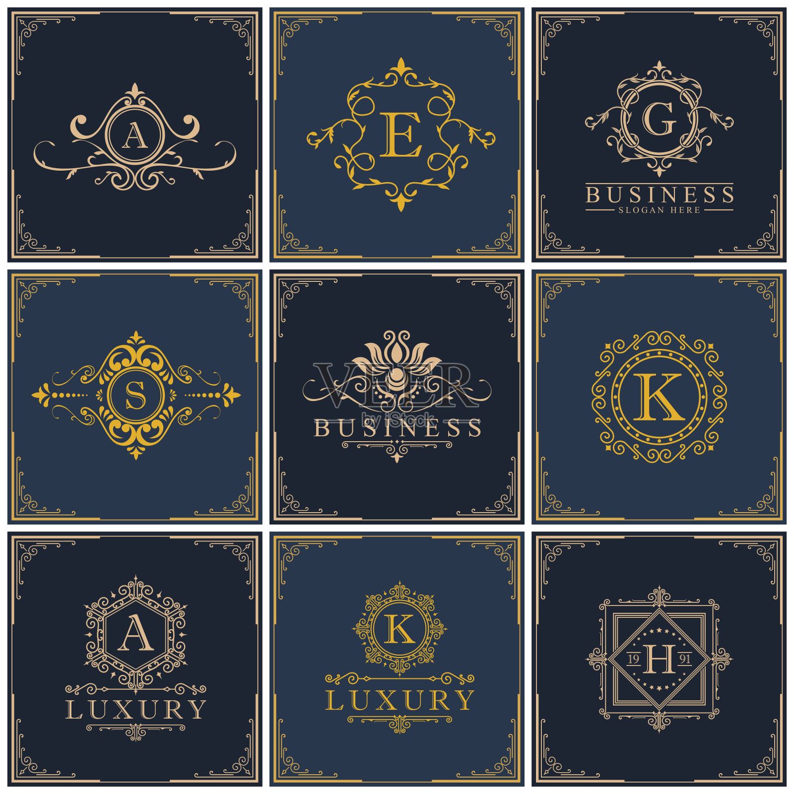 一套豪华复古的crest标志/符号。书法皇室标志和元素优雅的装饰。矢量顶字母装饰为字母。设计元素图片
