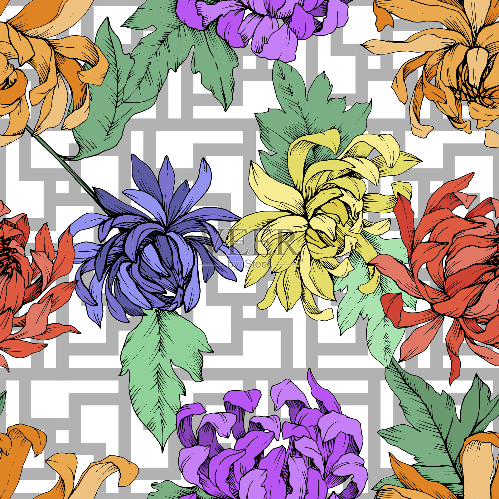 矢车菊，花卉植物花。艺术雕刻墨水。无缝的背景图案。插画图片素材