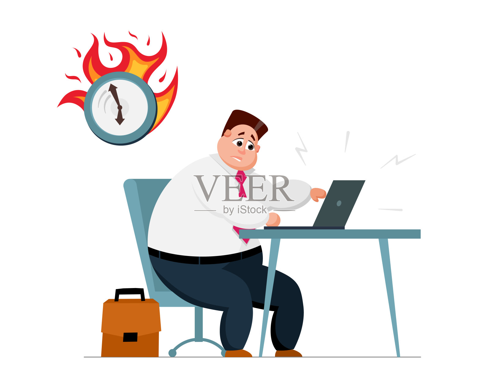 加班、截止日期、迟到的办公室工作理念。压力大的男性办公室职员角色坐在工作场所，手提电脑和火中的时钟。时间管理矢量图插画图片素材