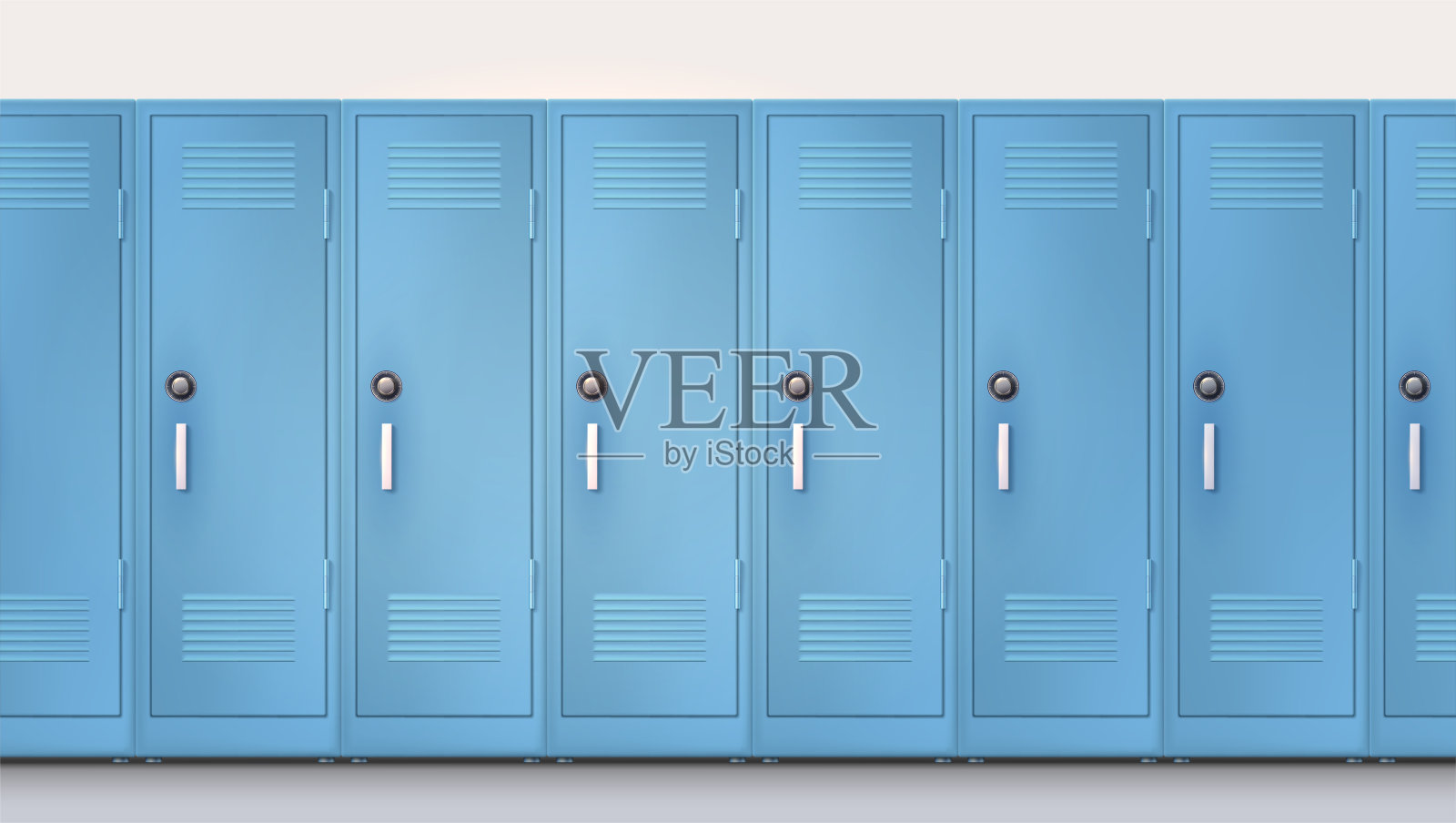 有密码锁和把手的蓝色橱柜。欢迎回到学校。一套逼真的学校储物柜，金属橱柜与关闭的门。矢量模板，3d插图。插画图片素材
