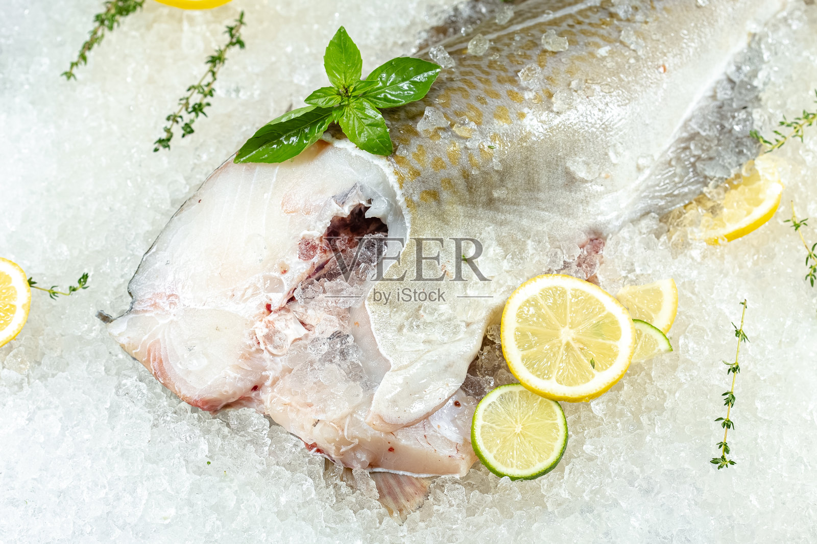 新鲜的海红鲈鱼，躺在冰上，无头，樱桃，柠檬切片和青柠切片，四周躺着，用绿色罗勒，轻，上边看，四周照片摄影图片