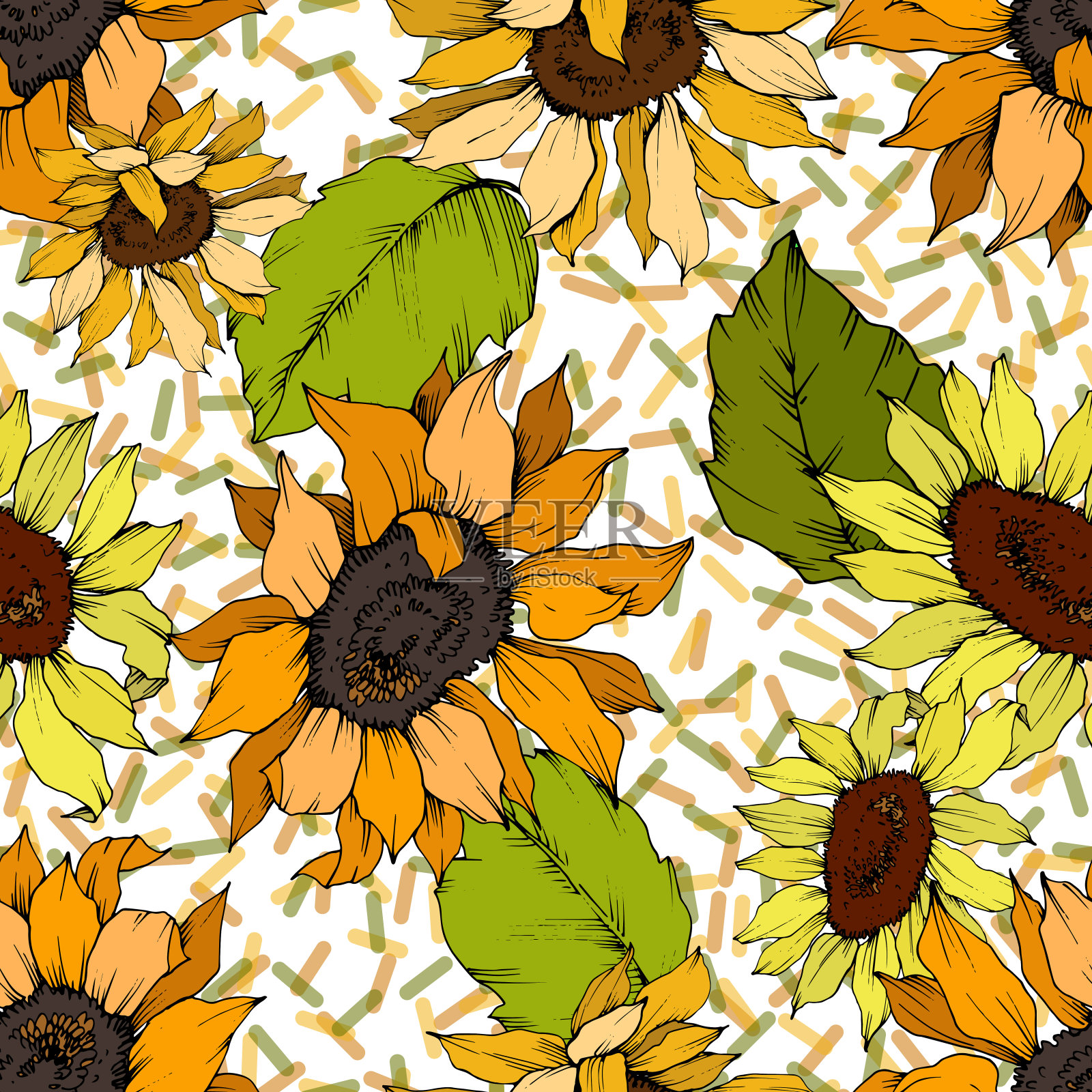 向量向日葵花植物花。黄绿镌刻水墨艺术。无缝的背景图案。插画图片素材