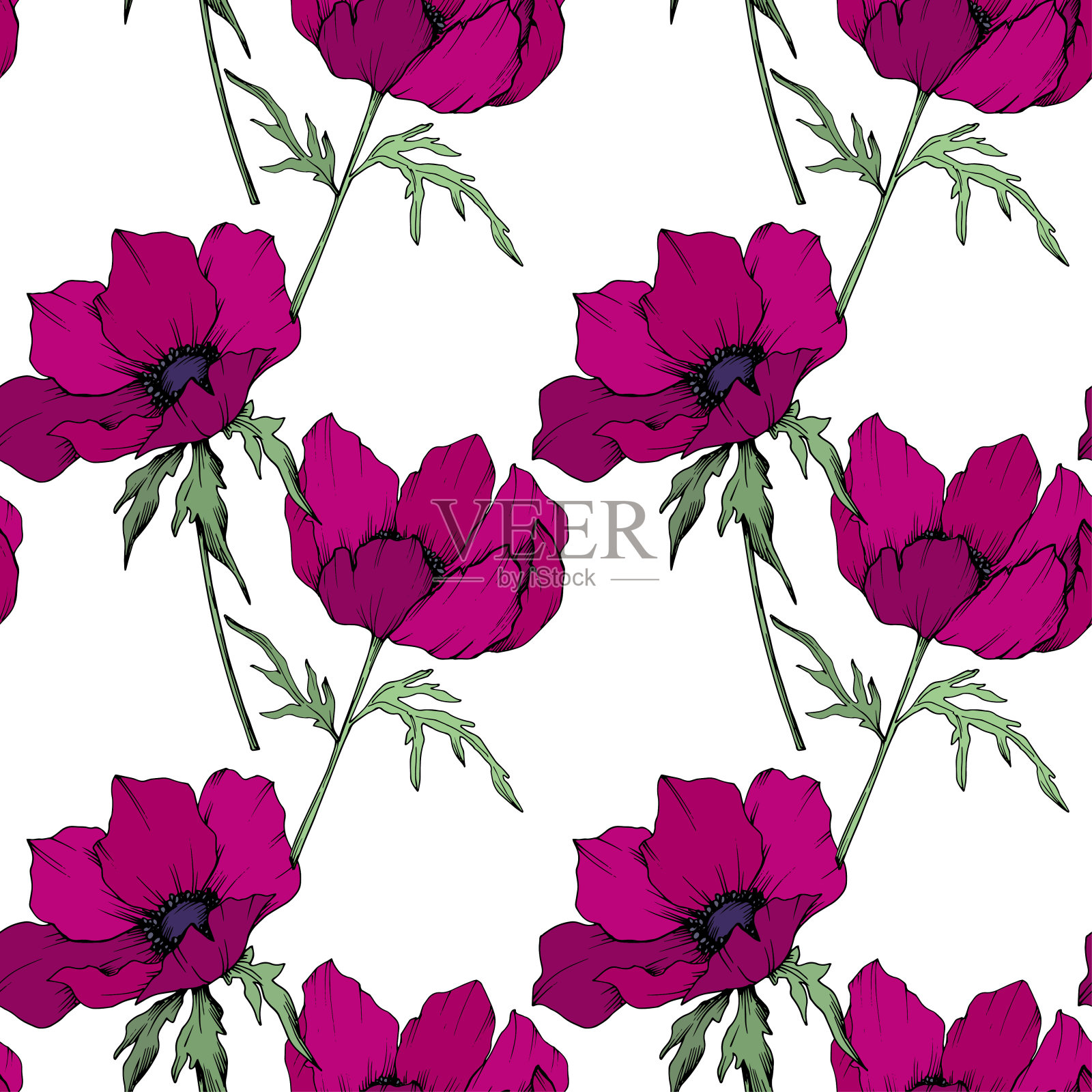 银莲花，花，植物花。黑白篆刻水墨艺术。无缝的背景图案。插画图片素材