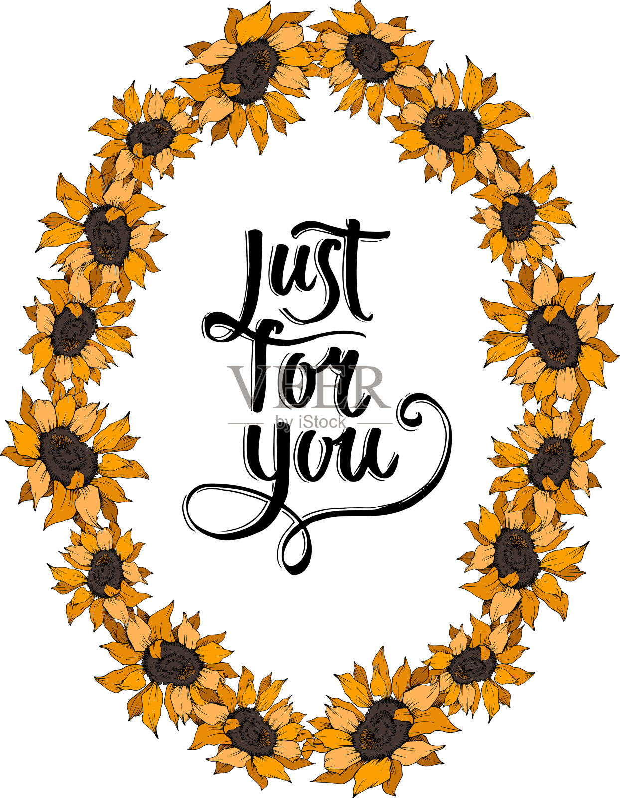 向量向日葵花植物花。橙色和绿色的雕刻水墨艺术。边框装饰方形。插画图片素材