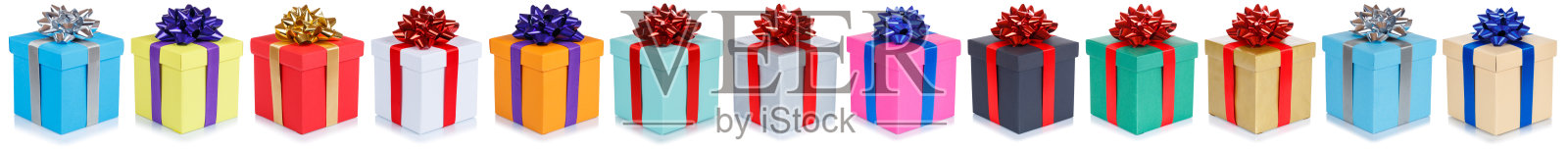 生日礼物的收集，圣诞礼物在一排孤立的白色照片摄影图片