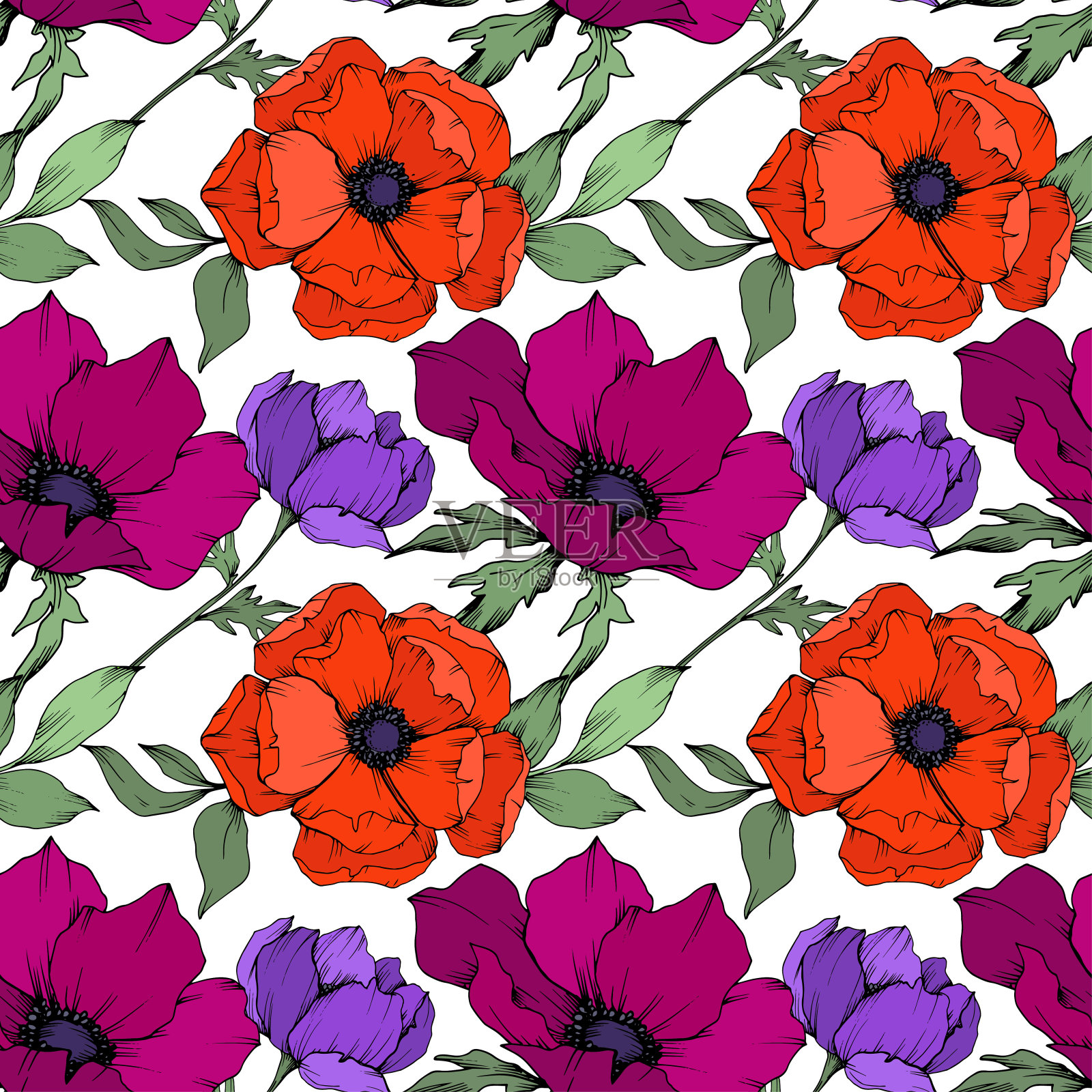 银莲花，花，植物花。黑白篆刻水墨艺术。无缝的背景图案。插画图片素材