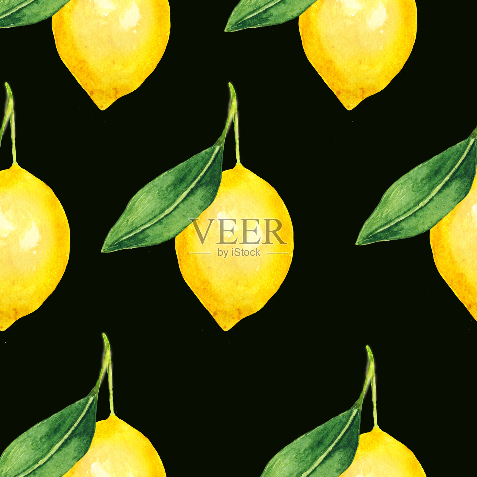 柠檬枝上无缝背景。水彩桔叶图案为婚礼请柬、贺卡设计。插画图片素材