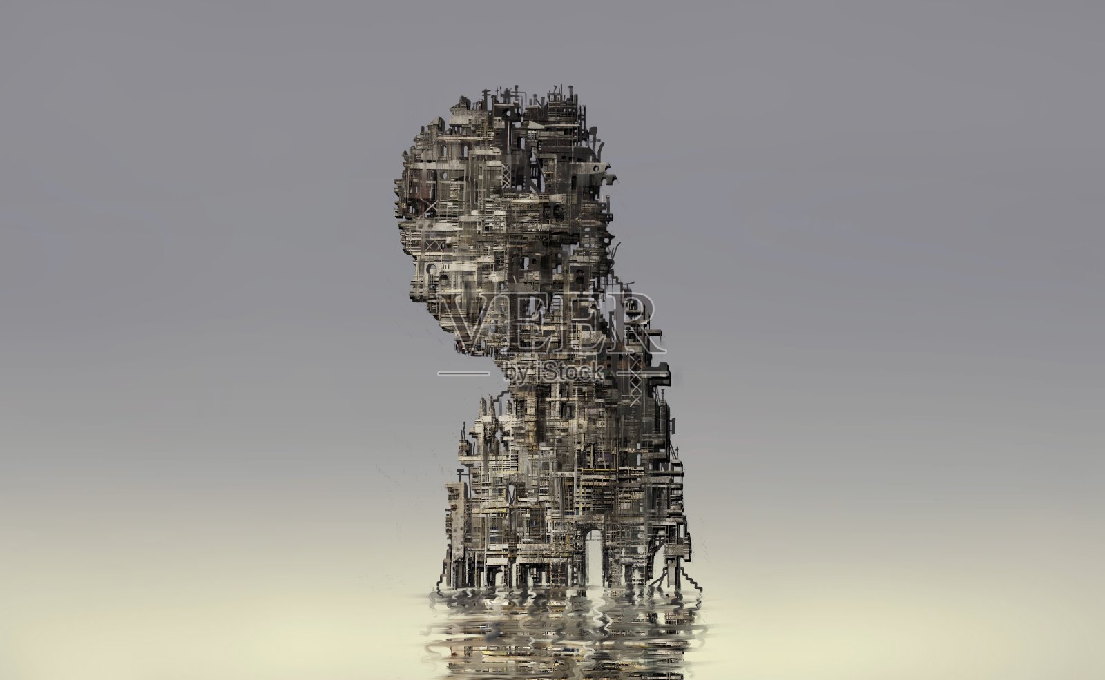 孤独的人在水中，超现实的绘画插画图片素材