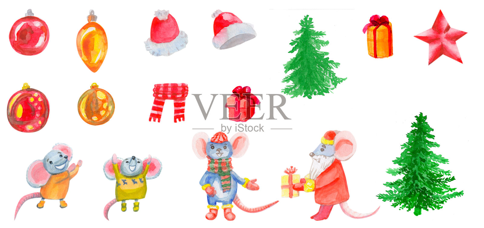 涂鸦风格的水彩插图。新2020年。在白色背景上设置孤立插画图片素材