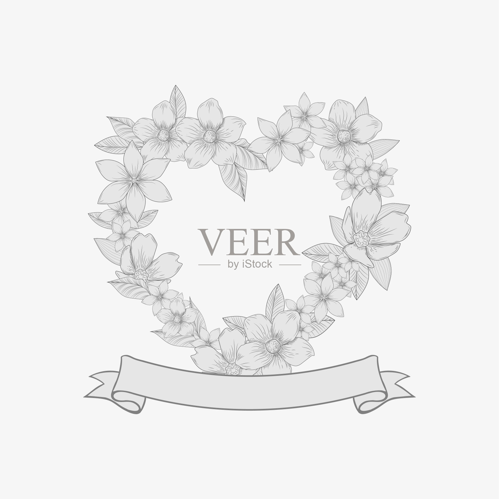 心形的花圈。字母手绘风格。婚礼模板，保存日期，请柬，装饰，纹身，餐厅，精品店，咖啡馆。向量的背景。插画图片素材