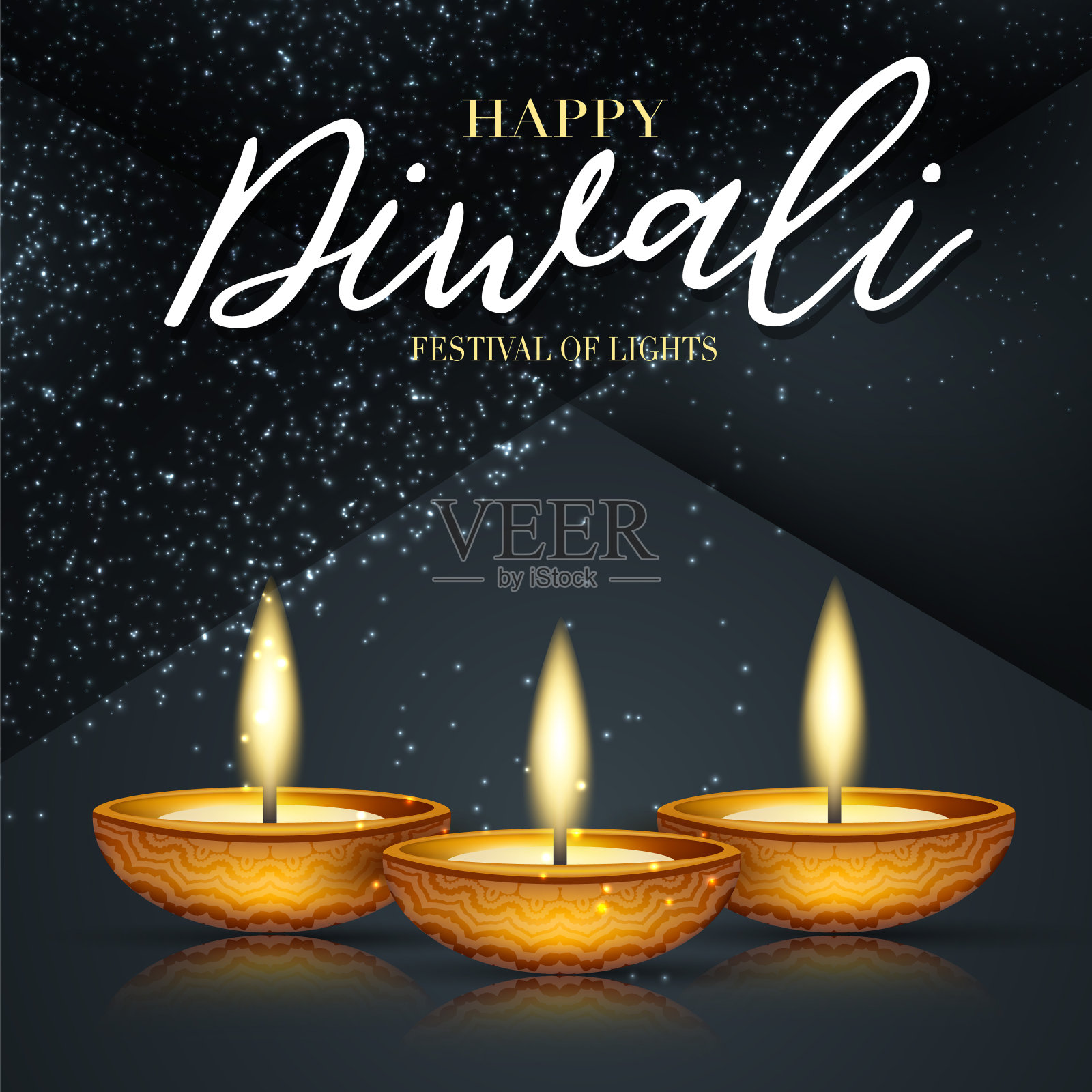 快乐排灯节的灯光海报或传单设计。印度传统节日背景与发光的花环和文本排版在黑色的背景。华丽的旗帜庆祝。迪亚油灯。矢量插图。设计模板素材