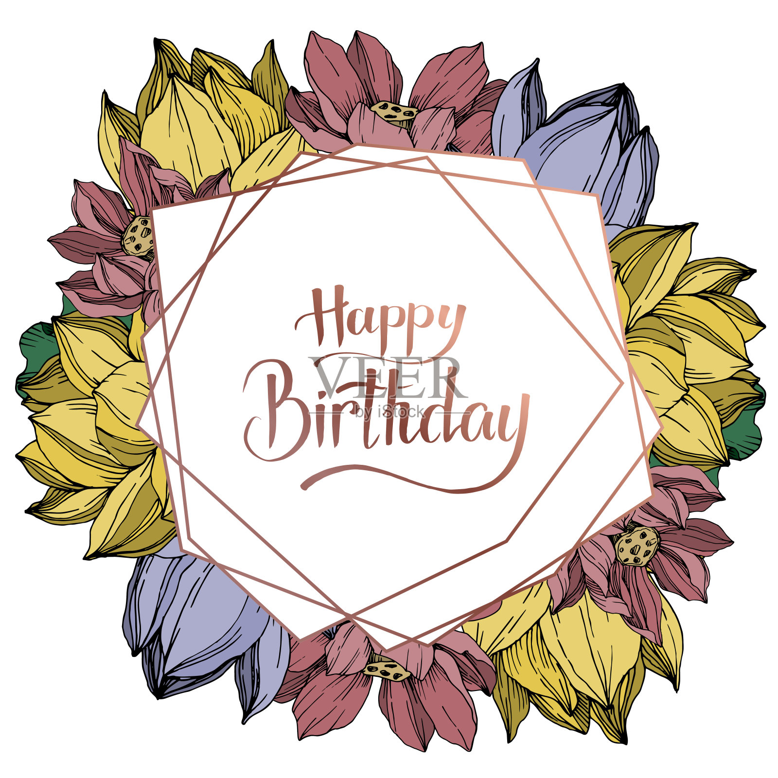 向量莲花花植物花。黑白篆刻水墨艺术。边框装饰方形。插画图片素材